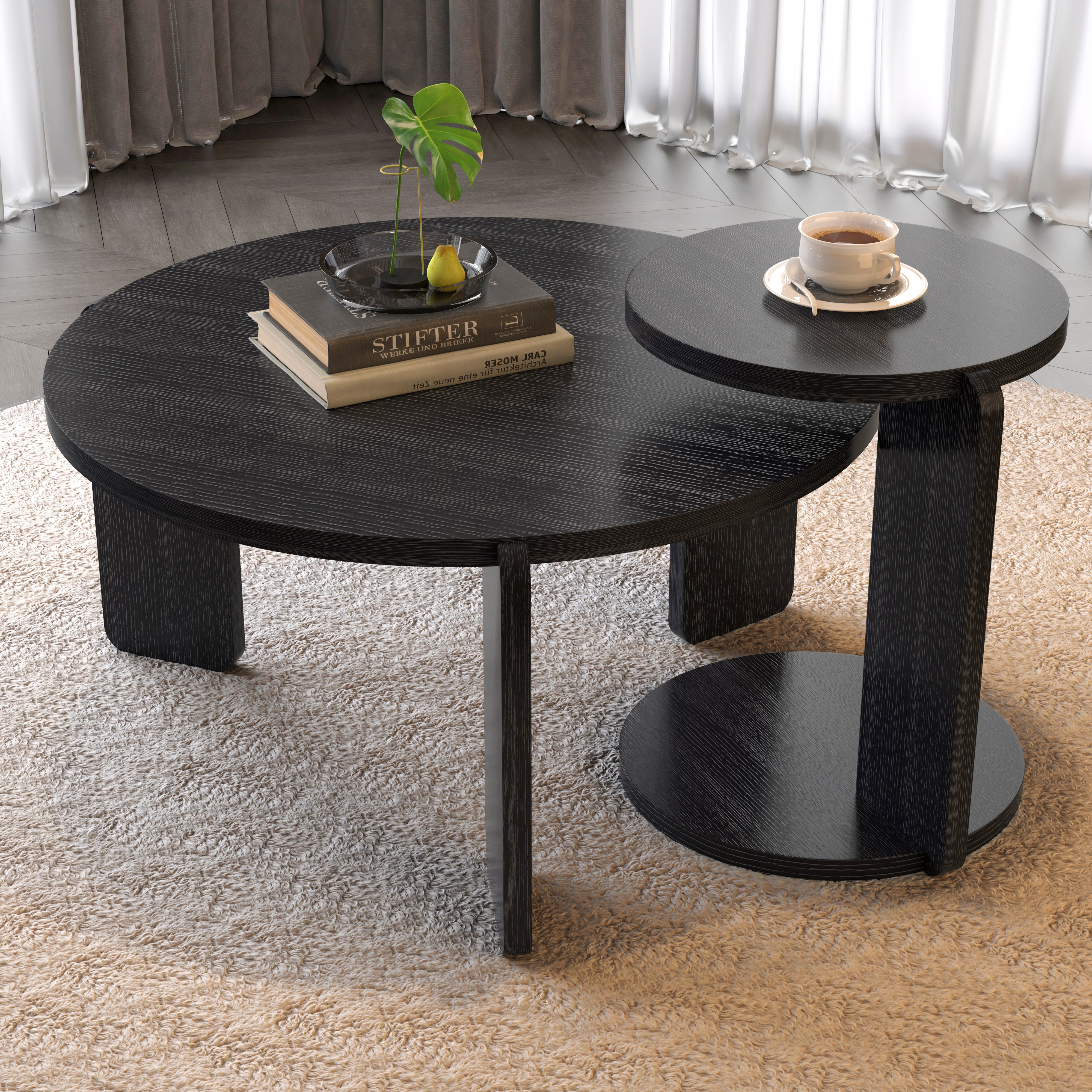 32.68 Inch 83 Cm Diameter Nesting Round Wood Coffee Table With End Table Set Of 2, Black OAK Veneer Top With Water And Wear-resisting PU Painting Side Table Set For Living Room, Study Room