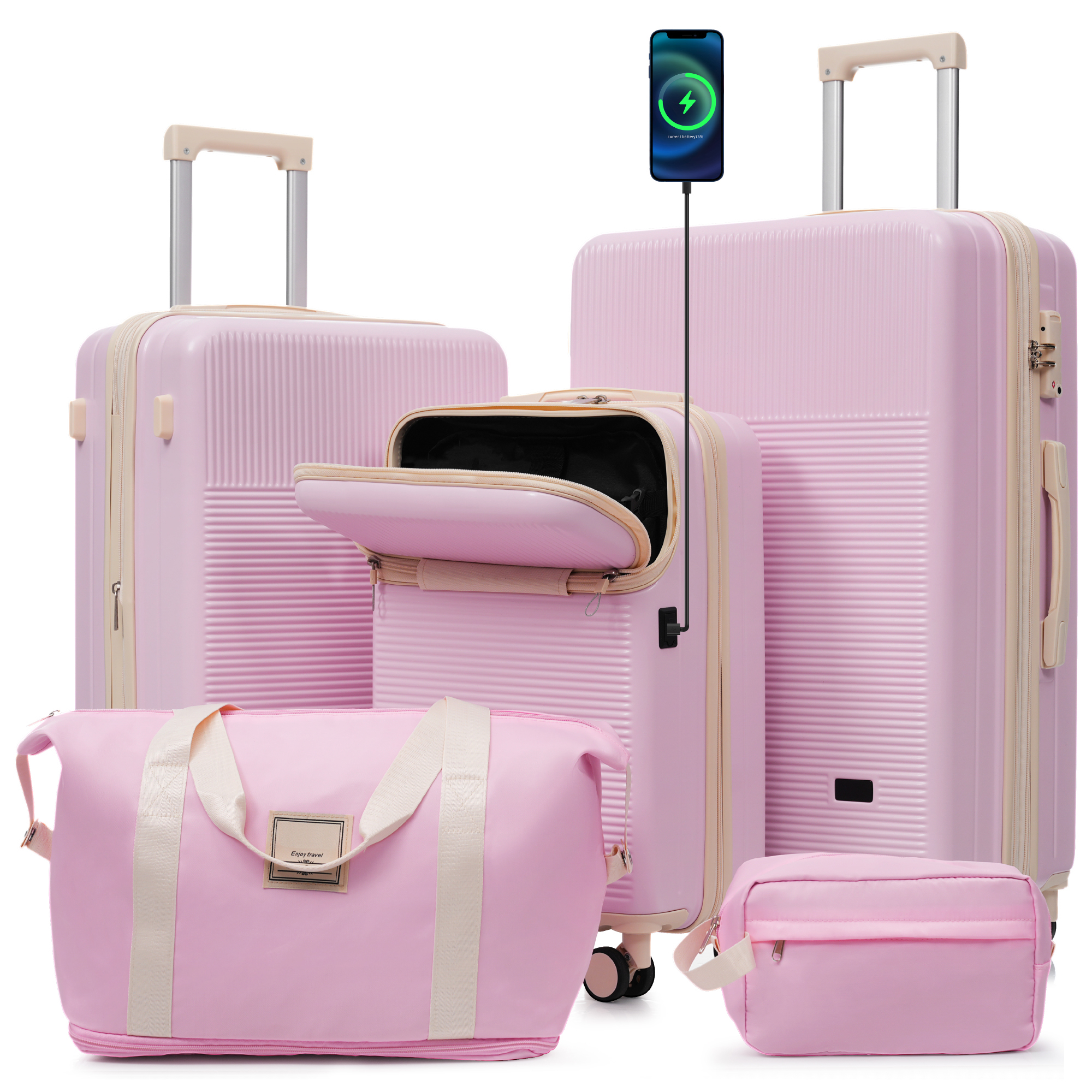 Set de maletas de viaje rígidas de 5 piezas con ruedas dobles, puerto USB y cerraduras TSA