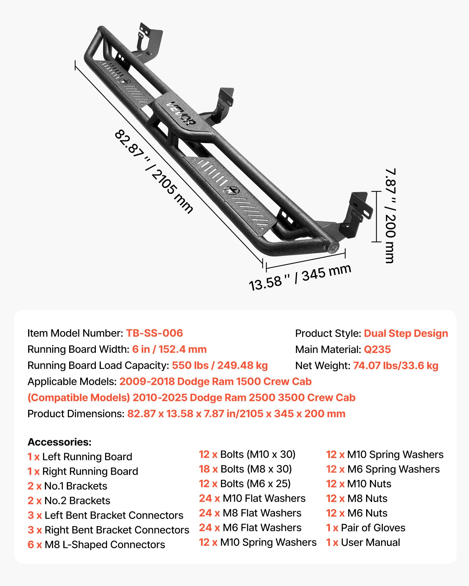 Running Boards, 6 Inches Side Steps Compatible With 2009-2018 Dodge Ram 1500 Crew Cab, 2010-2025 Dodge Ram 2500 3500 Crew Cab