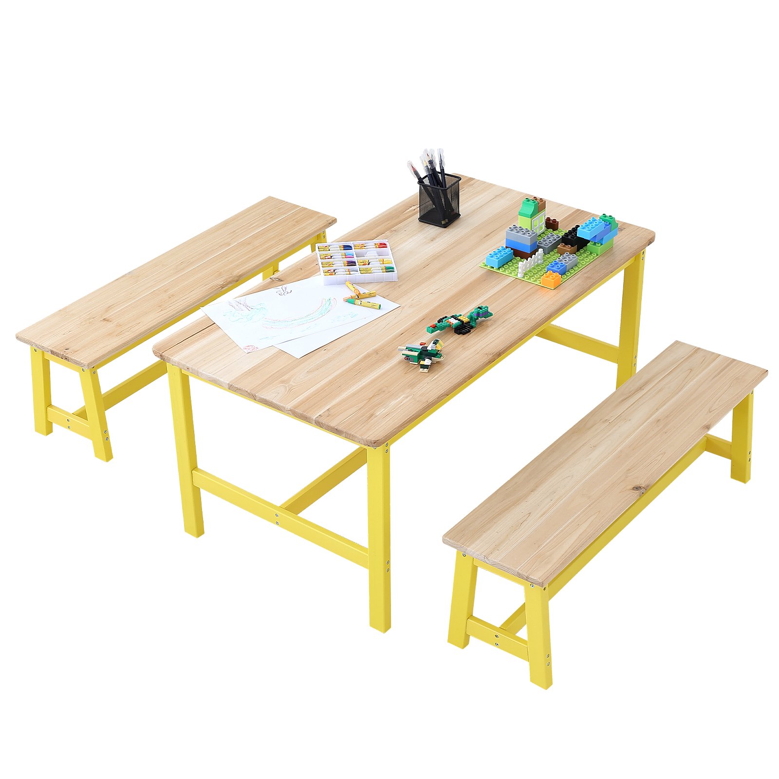 Kids Table And Bench Set, Toddler Table And Chair Set Of 3, Wood Activity Table For Art, Craft, Reading, Learning
