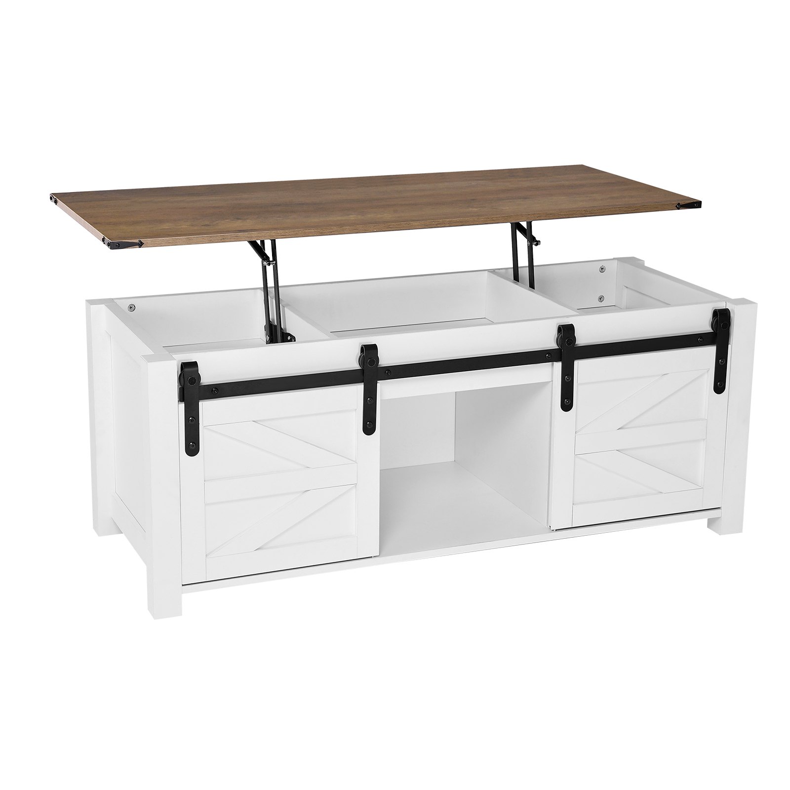 Mesa de centro elevable rústica de 47.2 pulgadas con puerta de granero, blanca