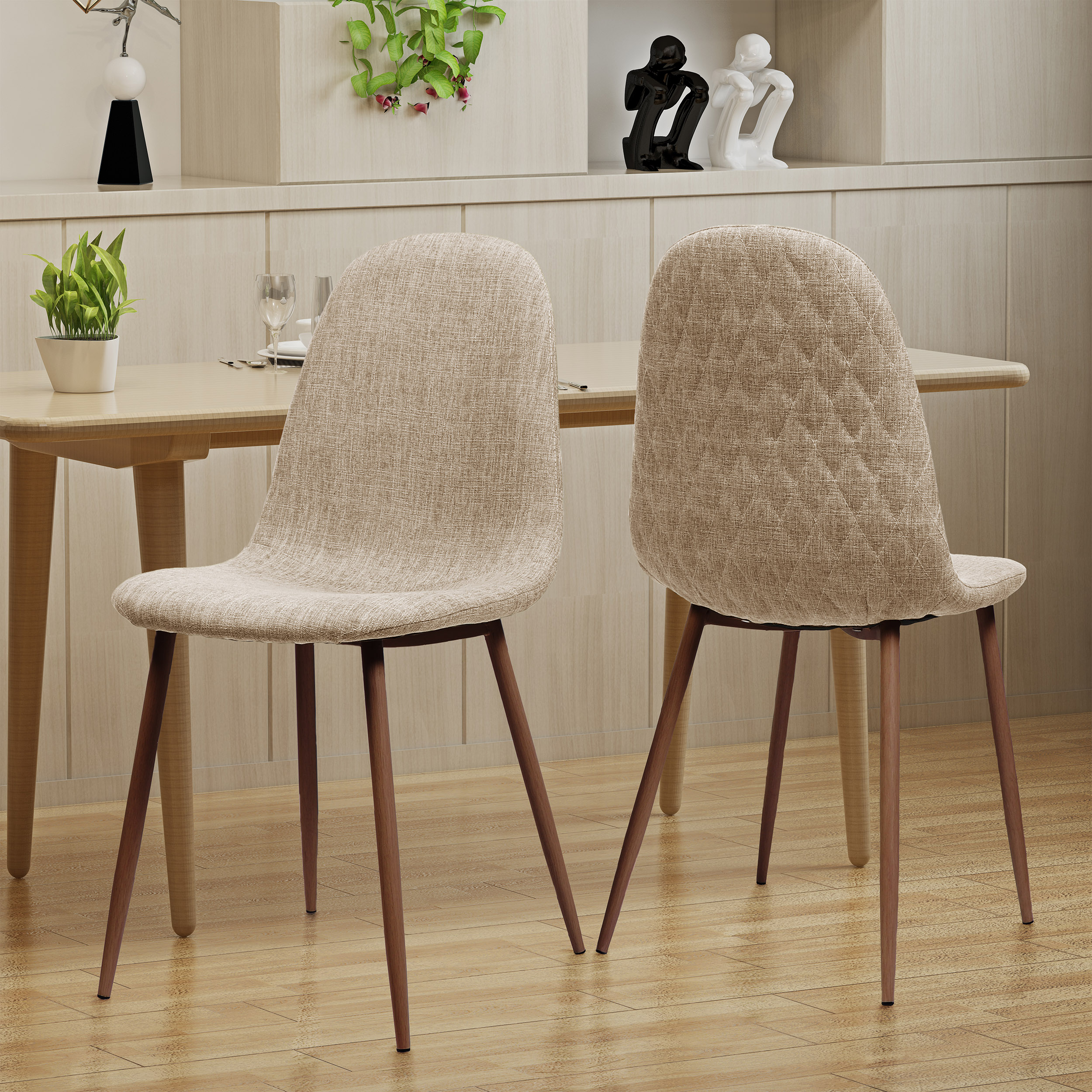 Silla de comedor tapizada en tela, patas de metal nogal oscuro, estilo Mid Century (Set de 2).