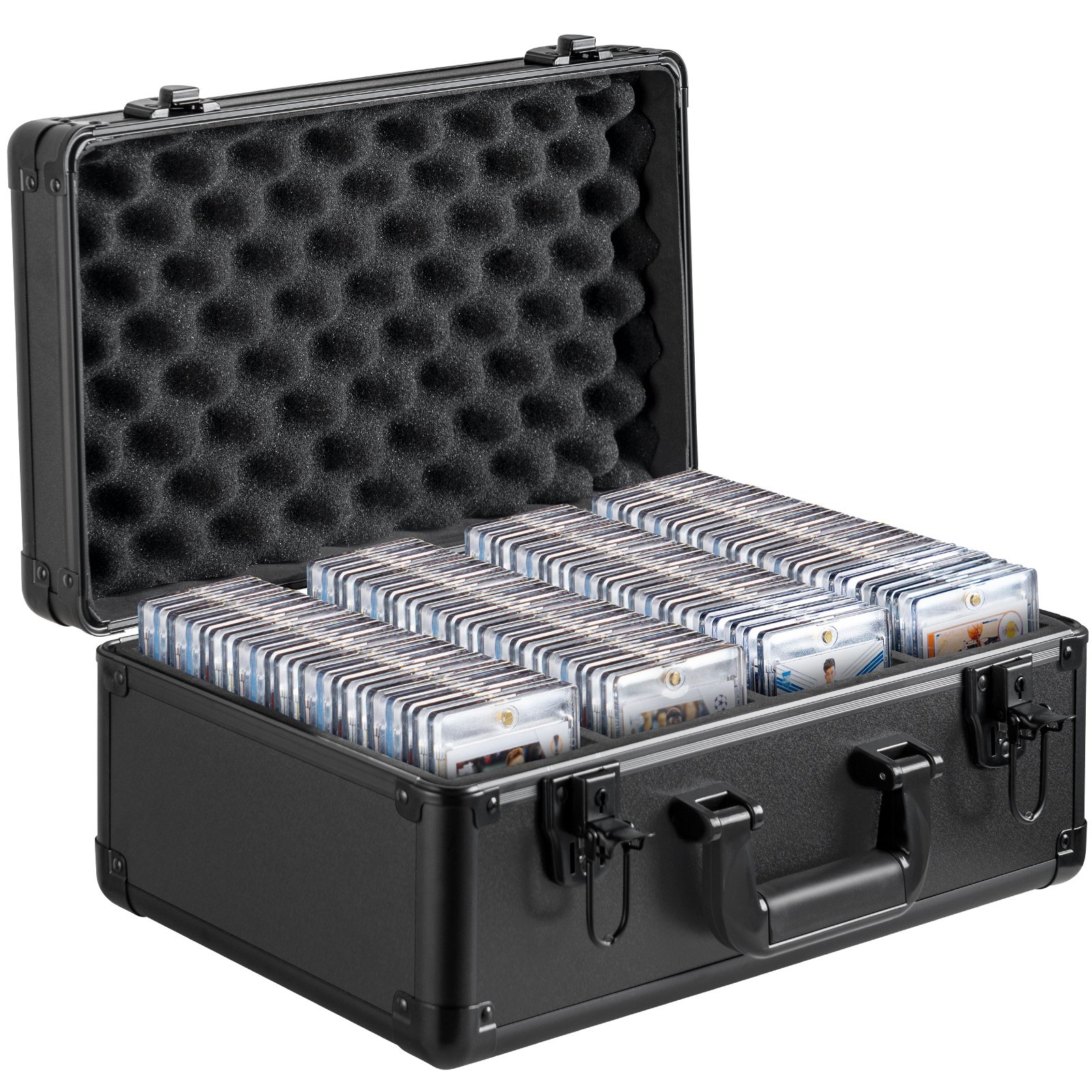 Caja para tarjetas coleccionables, 4 ranuras, con cerradura y divisores de espuma.