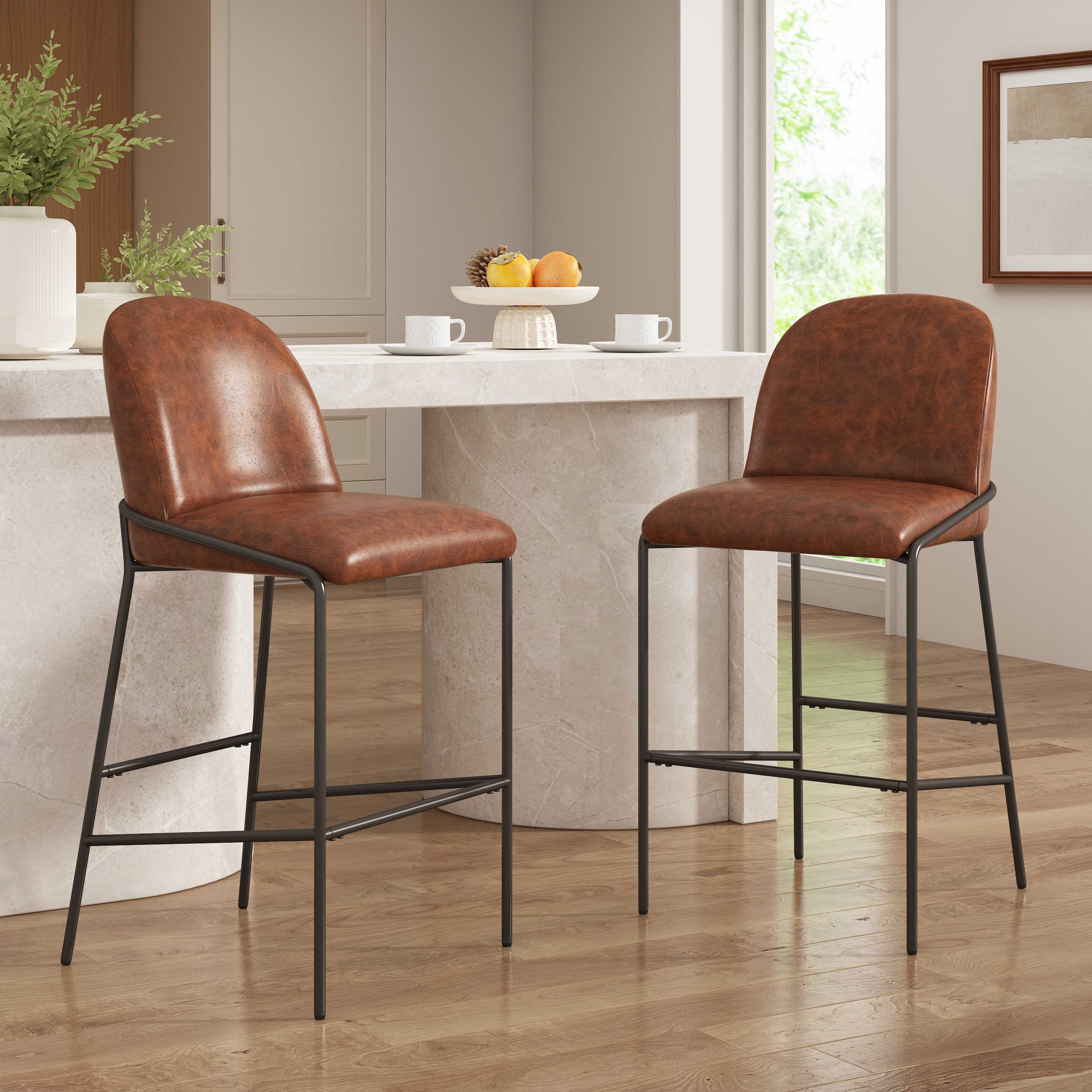 Galen Indoor Metal Upholstered Barstool  Antique Bronze Finish Frame With Brown Faux Leather  Set Of 2