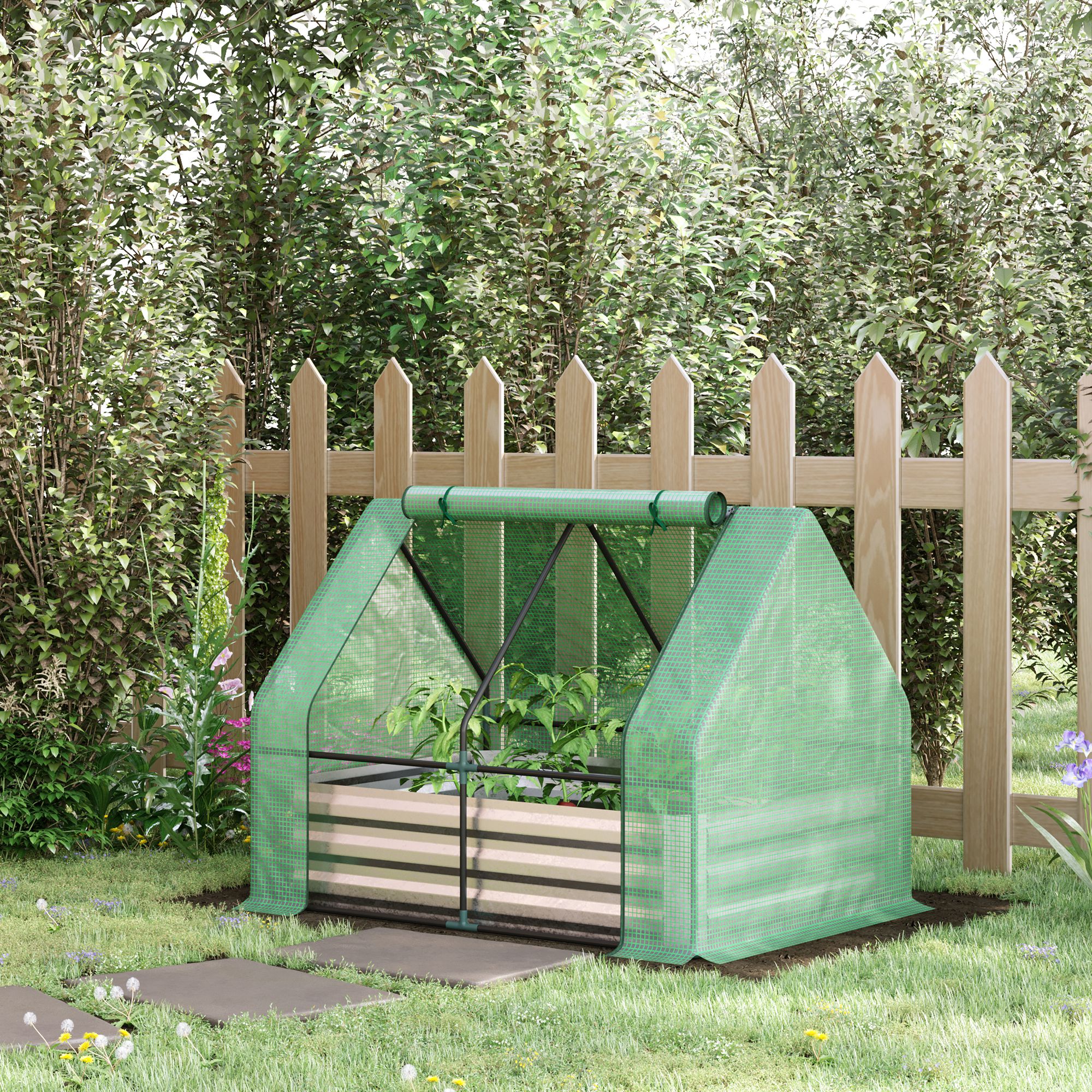 Macetero metálico 4 x 3 pies con mini invernadero, galvanizado, verde y gris