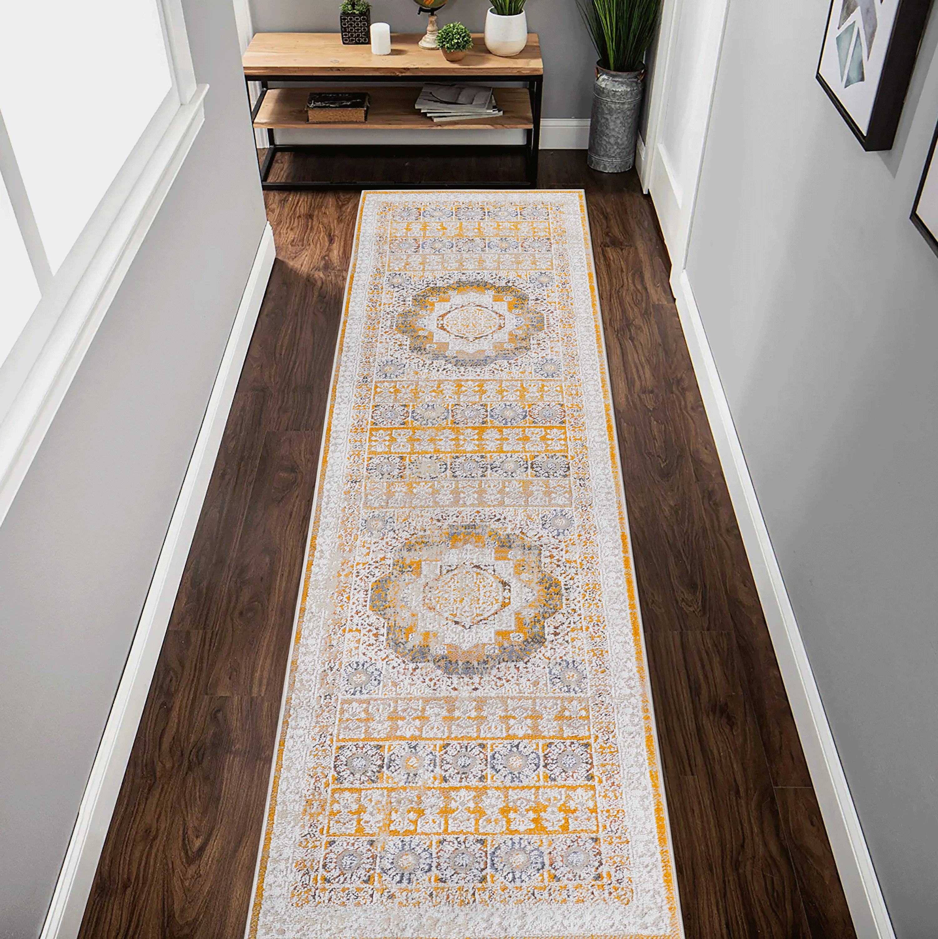 Alfombra runner PAYAS C Ollection 2x8 pies, diseño medallón, crema y marfil