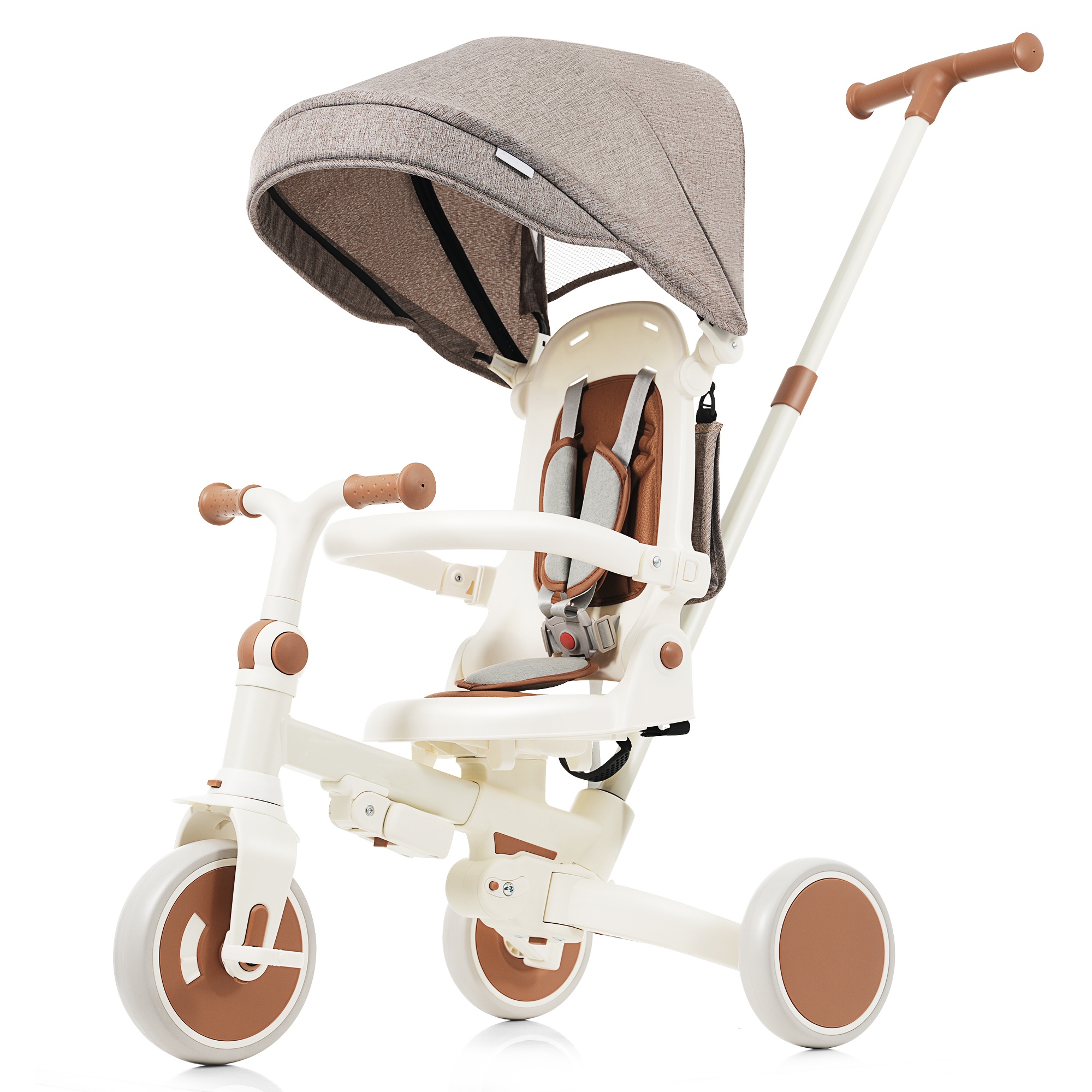 Triciclo para bebé 7 en 1, plegable, con manija parental y dosel, marfil y marrón