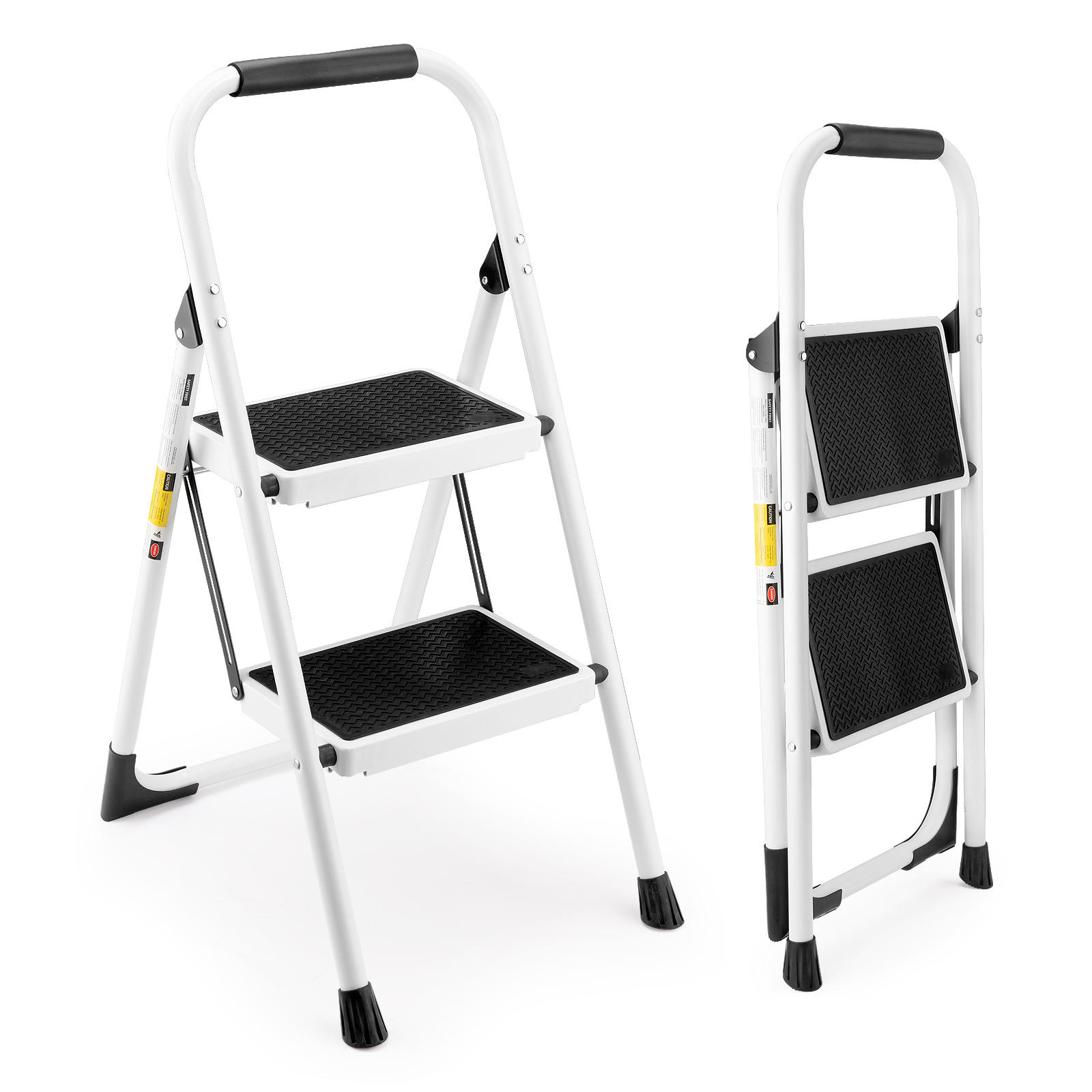 Escalera de 2 peldaños plegable, antideslizante, pedal ancho, con pasamanos, 330 libras, blanca