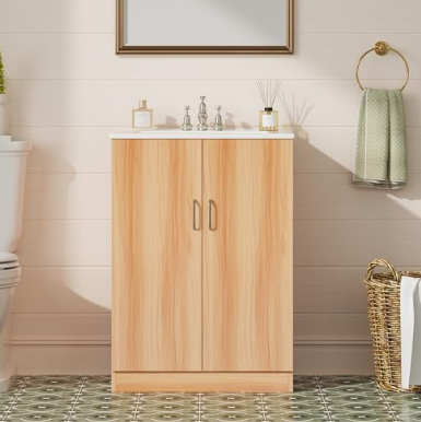 Tocador de baño moderno con lavabo de cerámica y gabinete de almacenamiento