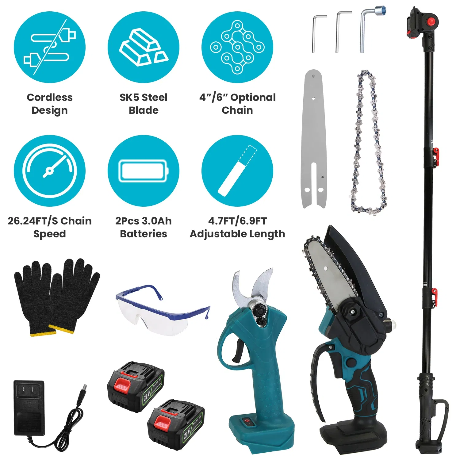 Tijeras de podar de pértiga eléctricas 4 en 1, 7 ángulos, 2 baterías 3000mAh