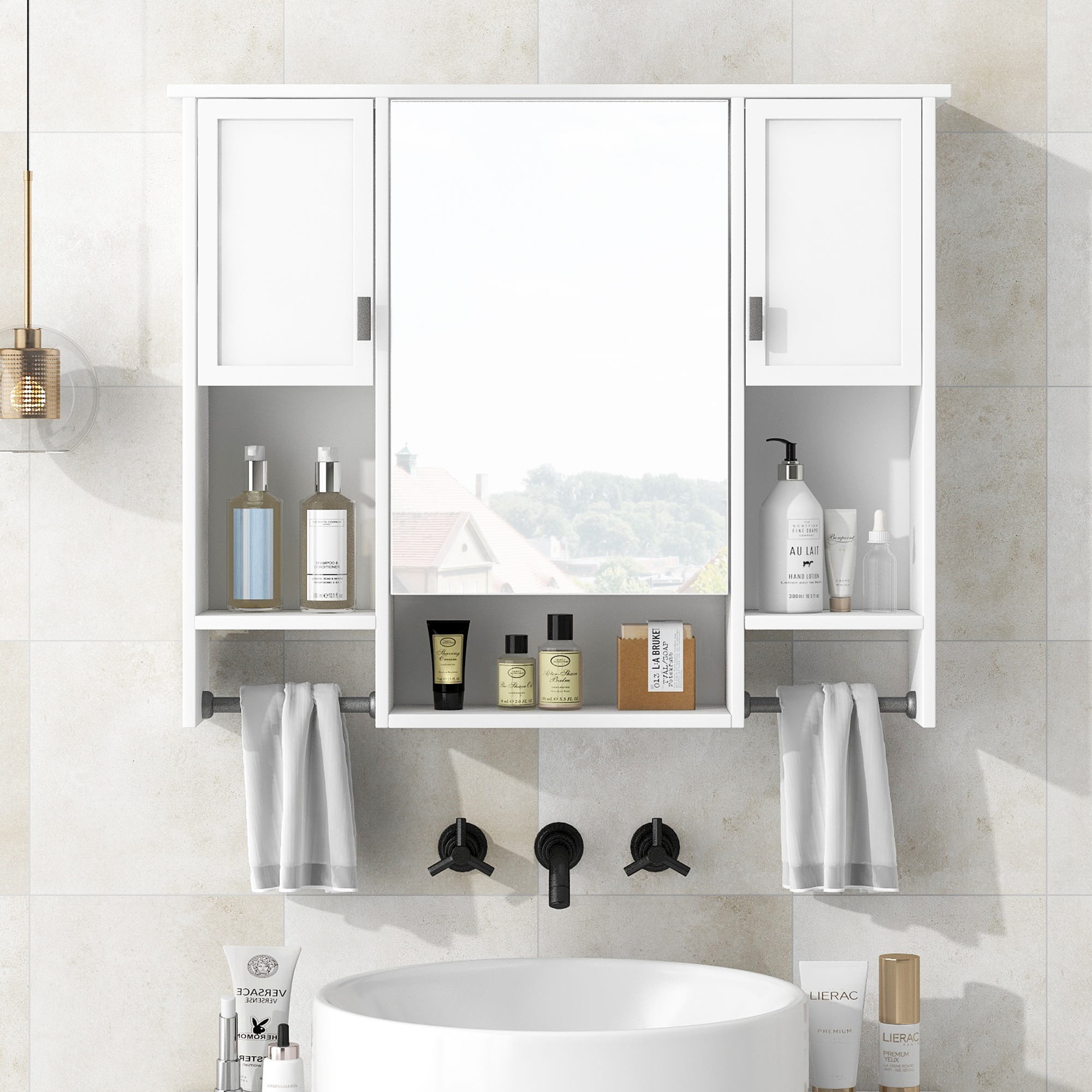 Gabinete de baño moderno de 35 x 28 pulgadas con espejo y toallero