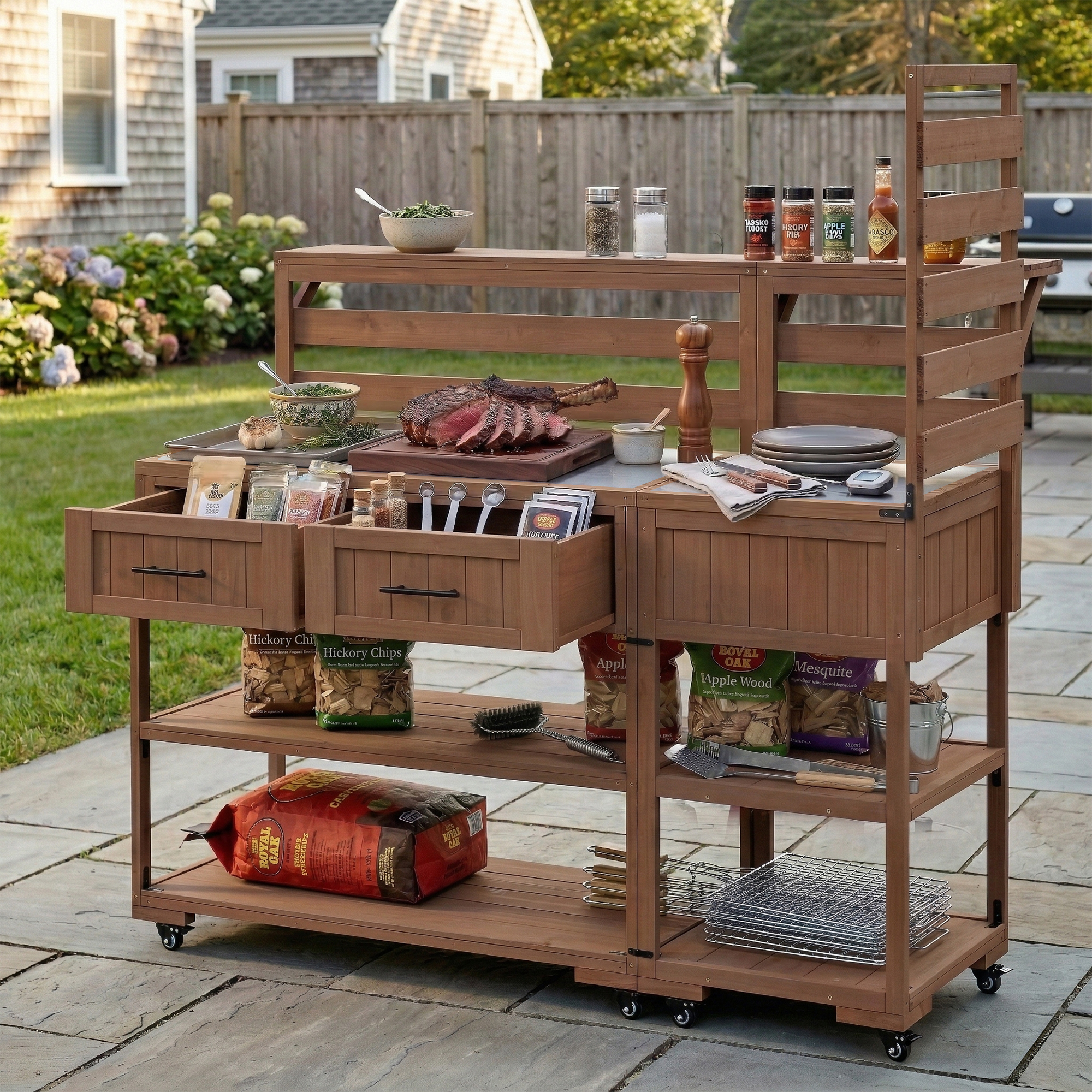 With Assembly Video  TOPMAx 62.3  Patio Kitchen Island Solid Wood Kitchen Cart With Stainless Table Top  Garden Potting Bench With Raised Shelf And Drawers  Grill Prep Table For BBQ  Party  Brown