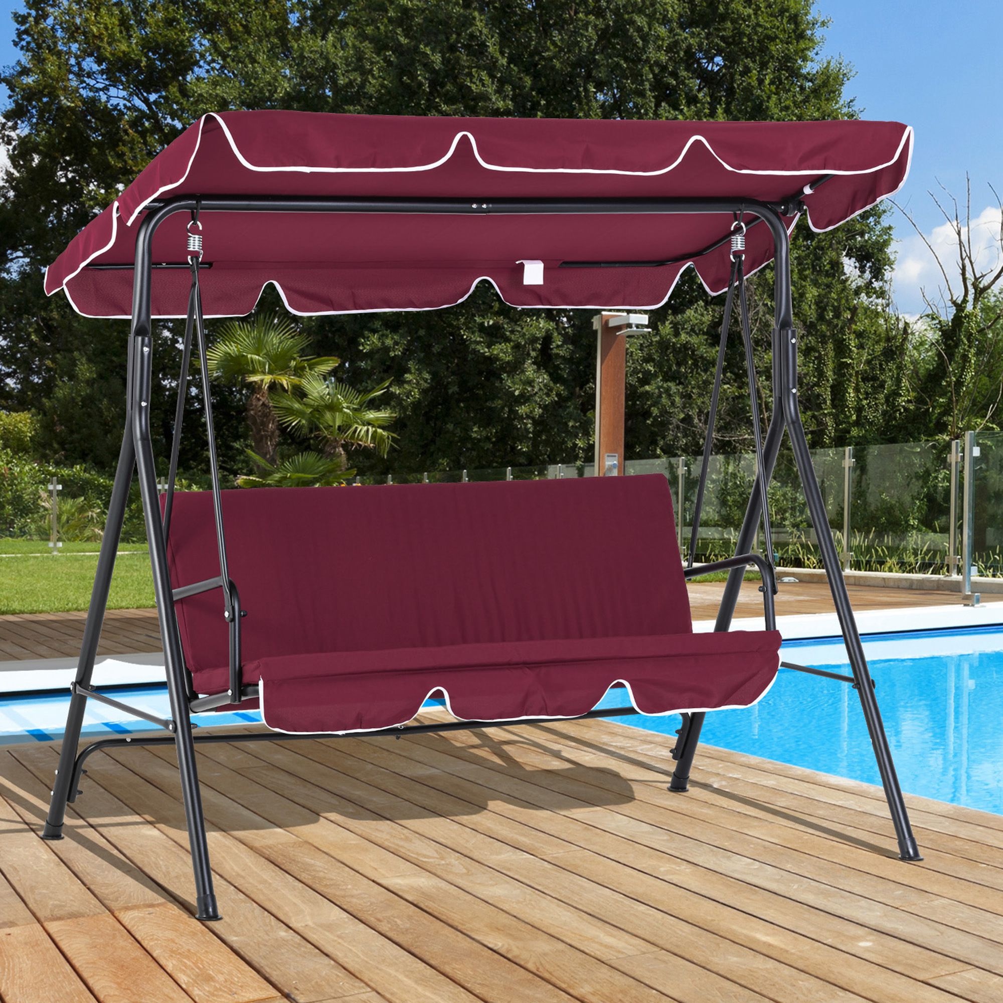 Silla columpio para patio con toldo ajustable y cojín extraíble, rojo