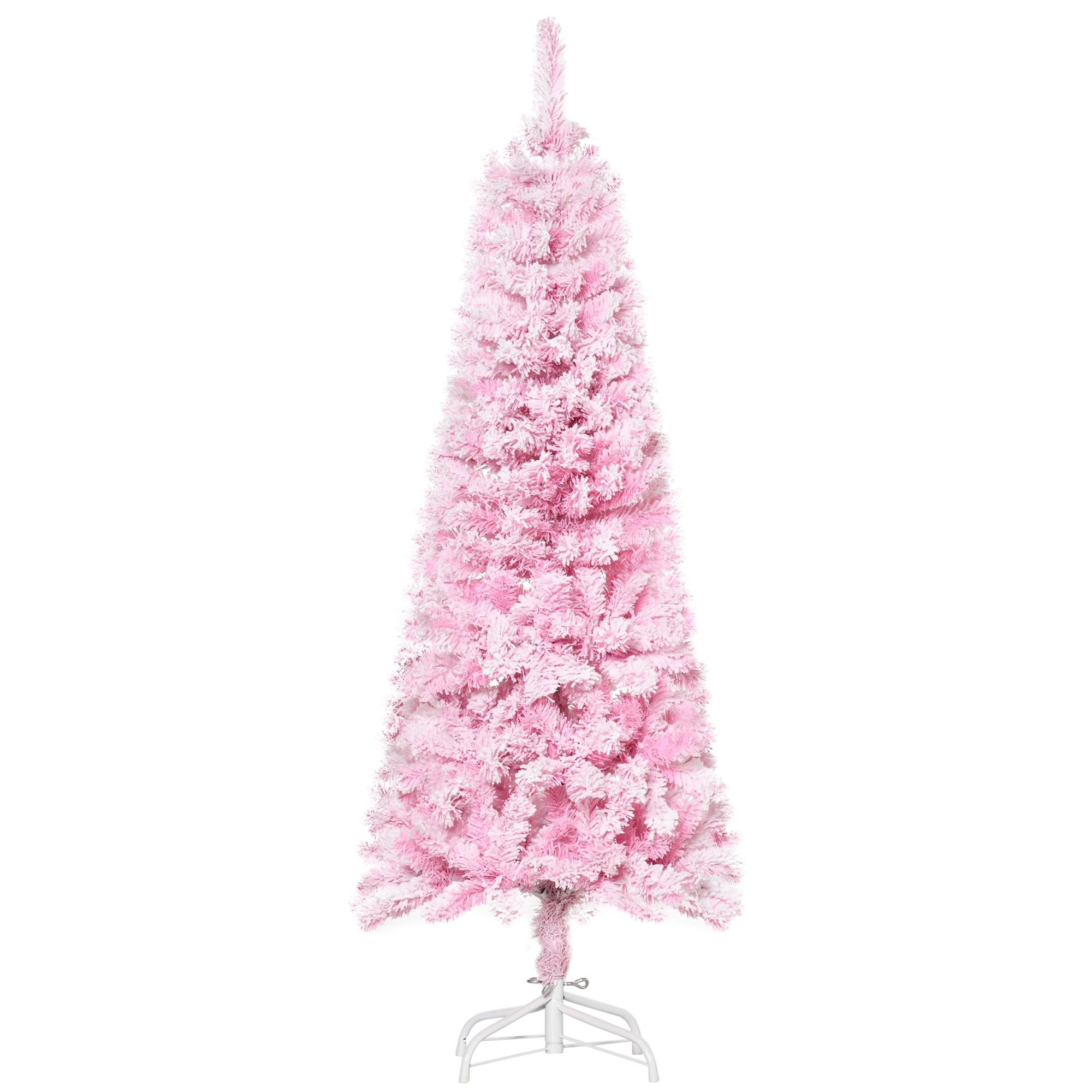 5 FT Snow Flocked Artificial Christmas Tree, Pencil Xmas Tree With Realistic Branches, Auto Open And Steel Base, Pink