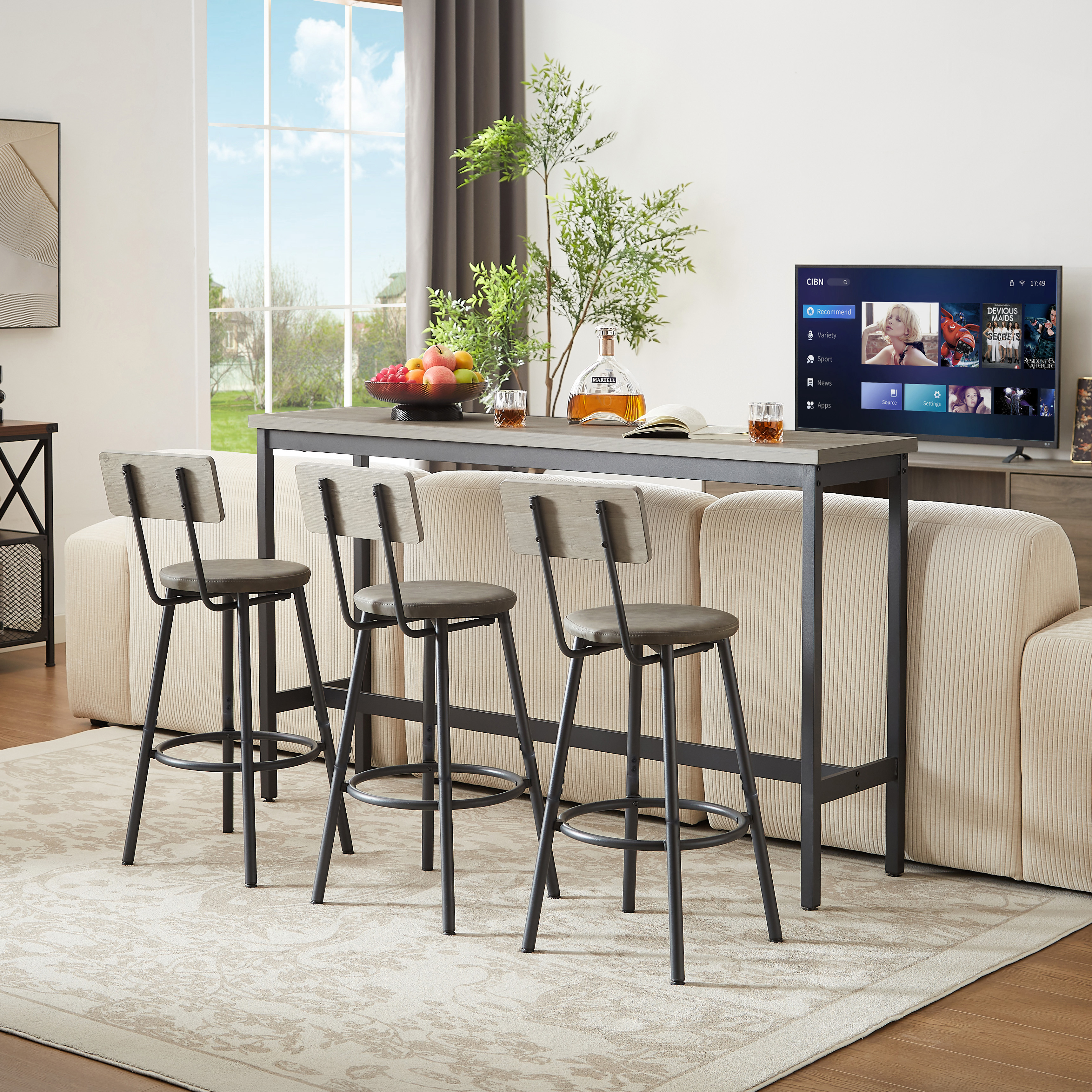 Juego de mesa de bar industrial con 3 taburetes tapizados en PU, gris rústico y negro