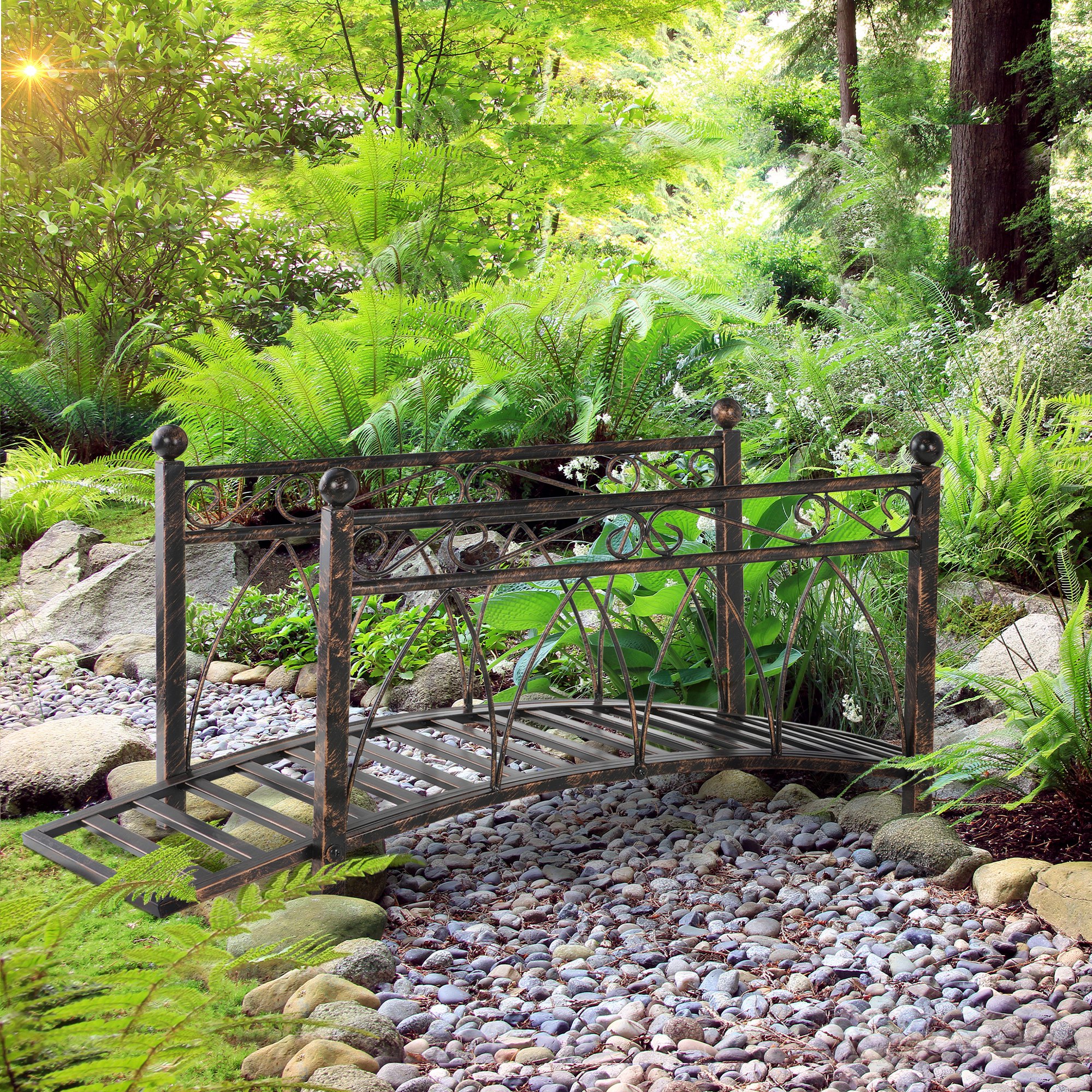 3.3 Metal Arch Zen Garden Bridge with Safety Siderails, Decorative Footbridge, Delicate Scrollwork & Corner Spheres for Stream, Fish Pond, Bronze
