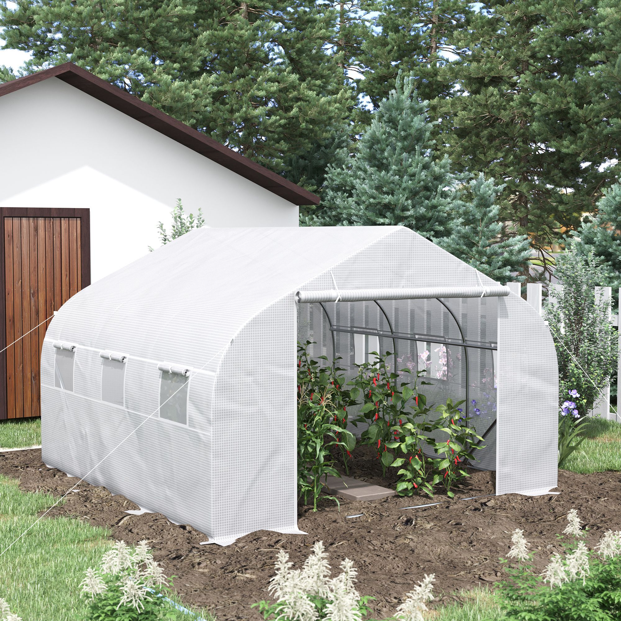 11.5 x 10 x 6.5 Walk-in Greenhouse, Tunnel Green House with Zippered Door and 6 Mesh Windows, Gardening Plant Hot House with Galvanized Steel Frame, White