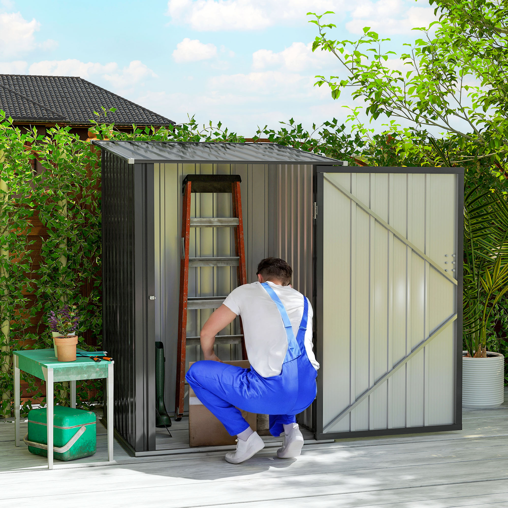 Caseta de jardín de metal 3.3x3.4 pies, acero galvanizado, con cerradura gris oscuro