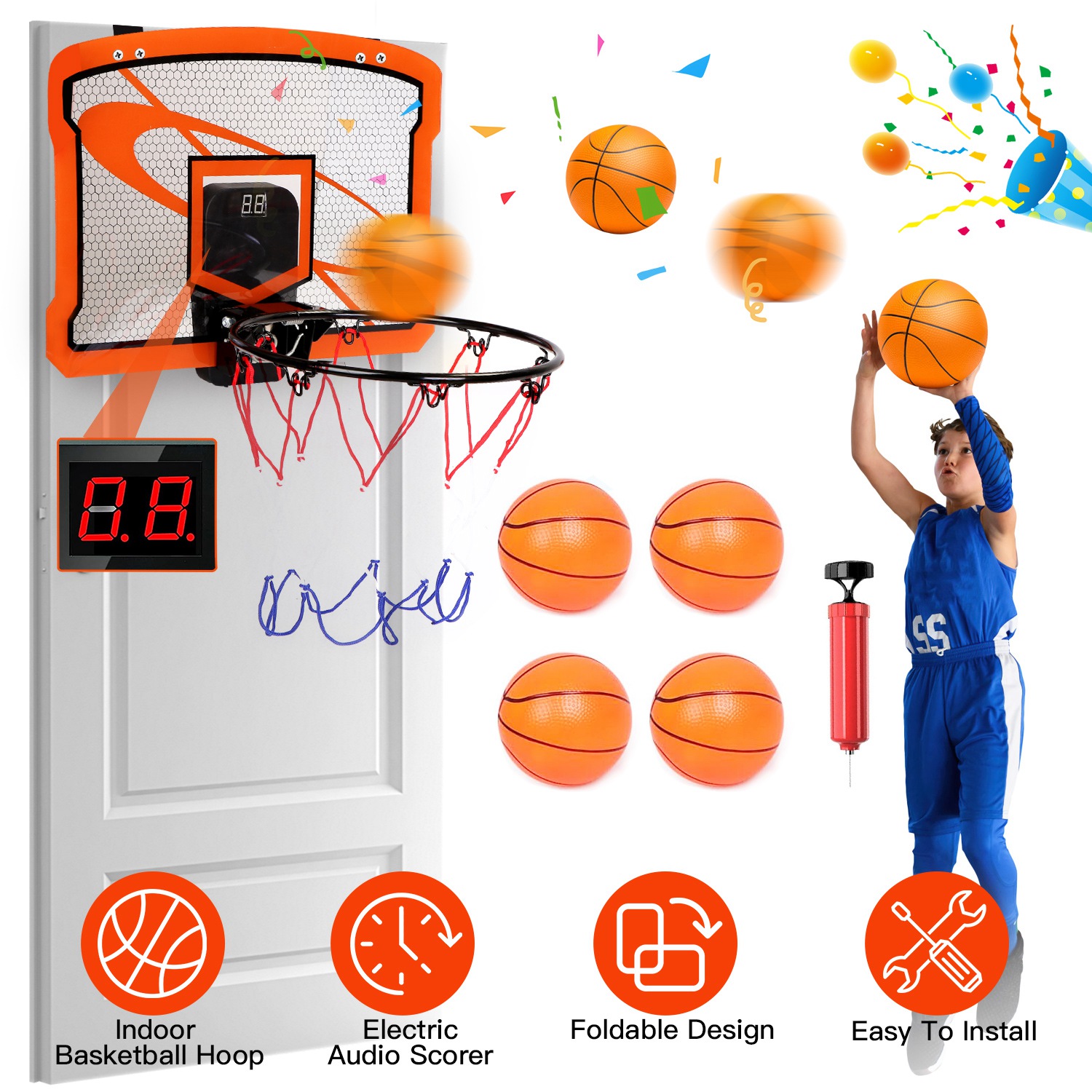 Set de Mini Canasta de Baloncesto para Interior con 4 Pelotas y Marcador Eléctrico