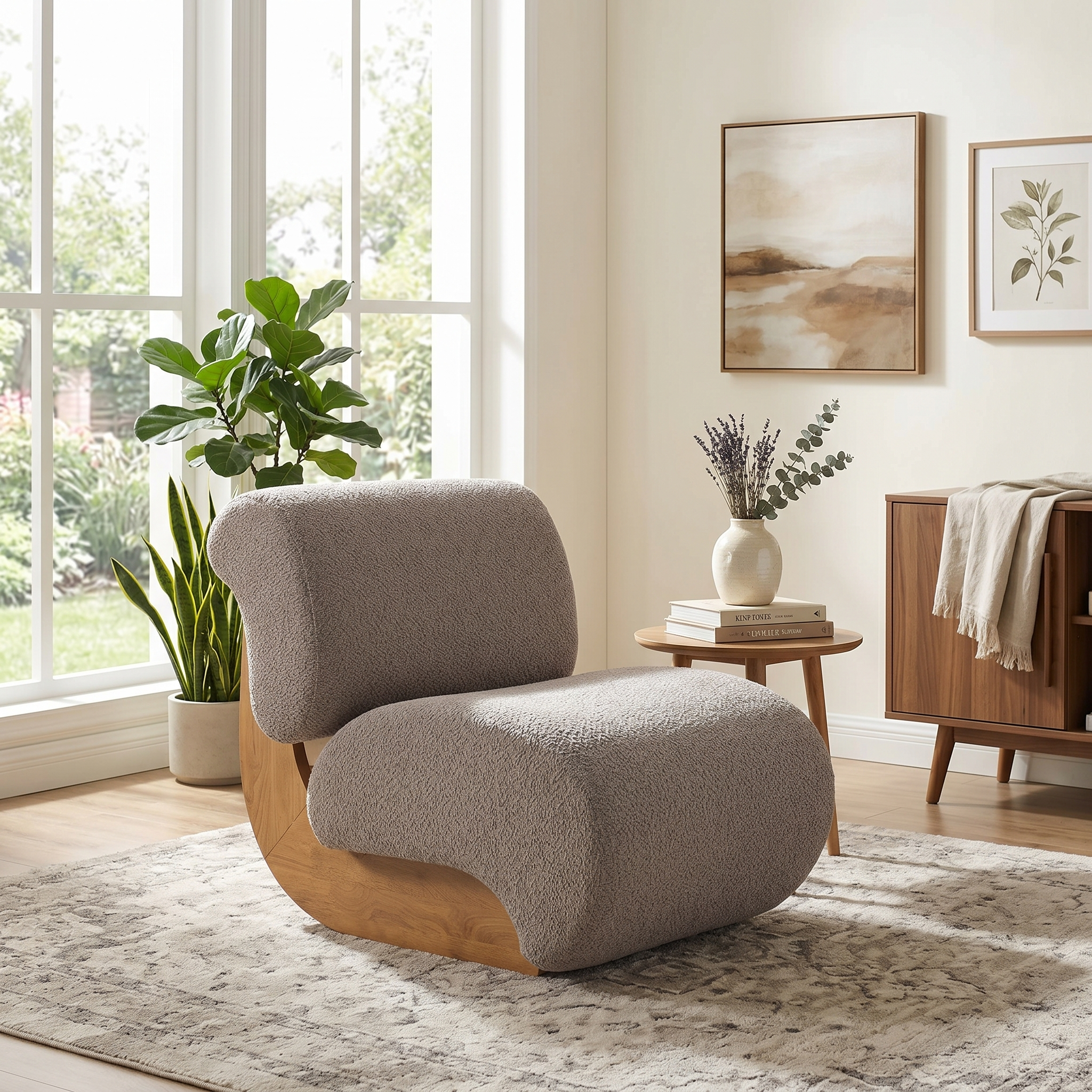 28" Modern Curved Boucle Accent Chair, Mid-Century Armless Lounge Chair with Solid Wood Base, Ergonomic Upholstered Slipper Chair for Living Room, Bedroom, Reading Nook
