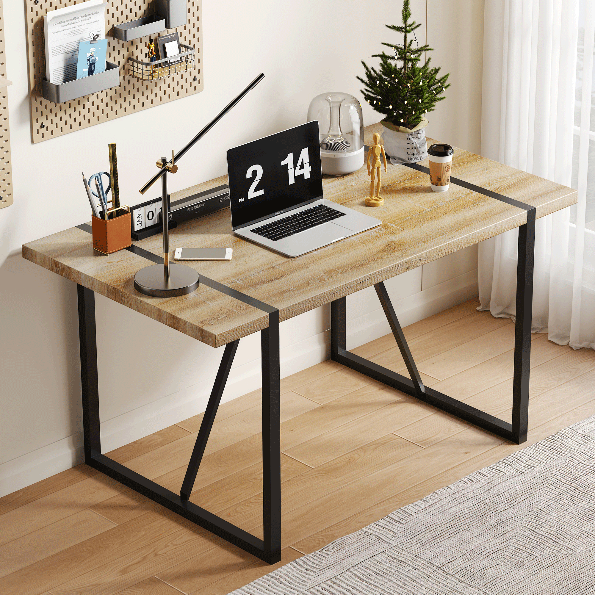 Mesa de comedor rectangular rústica industrial, madera, patas de metal, 1529W115172