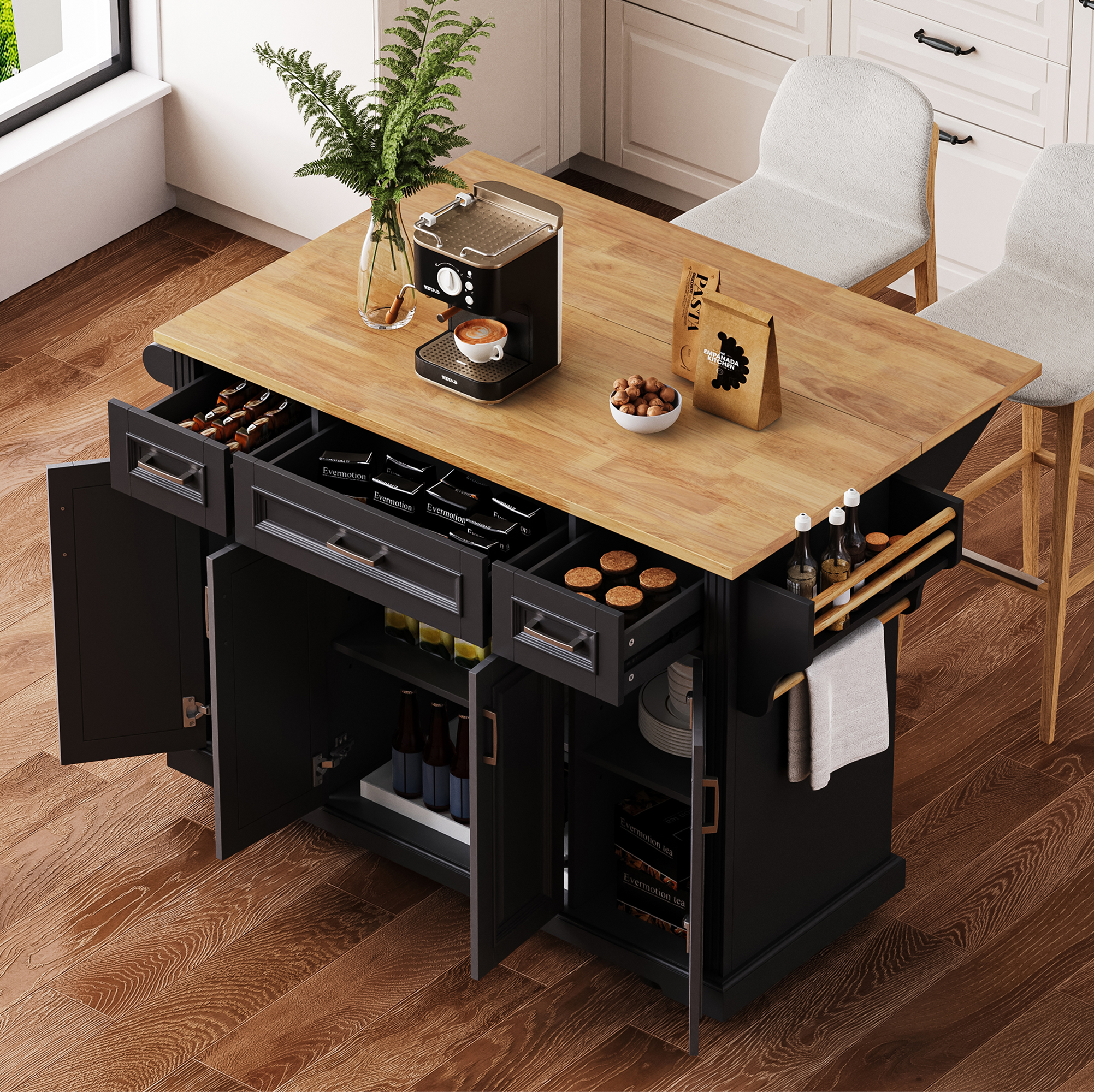 Isla de cocina K&K 54 pulgadas, madera de caucho, alas abatibles, 4 puertas, 3 cajones, negra.