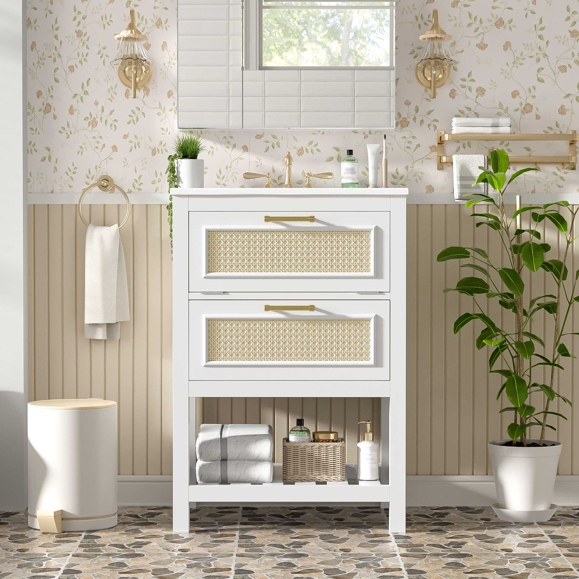24   Bathroom Vanity With Integrated Ceramic Sink, Bathroom Cabinet With 1 Deep Drawer, 1 Tip-Out Drawer, Single Sink Bathroom Vanity For Small And Medium Restroom