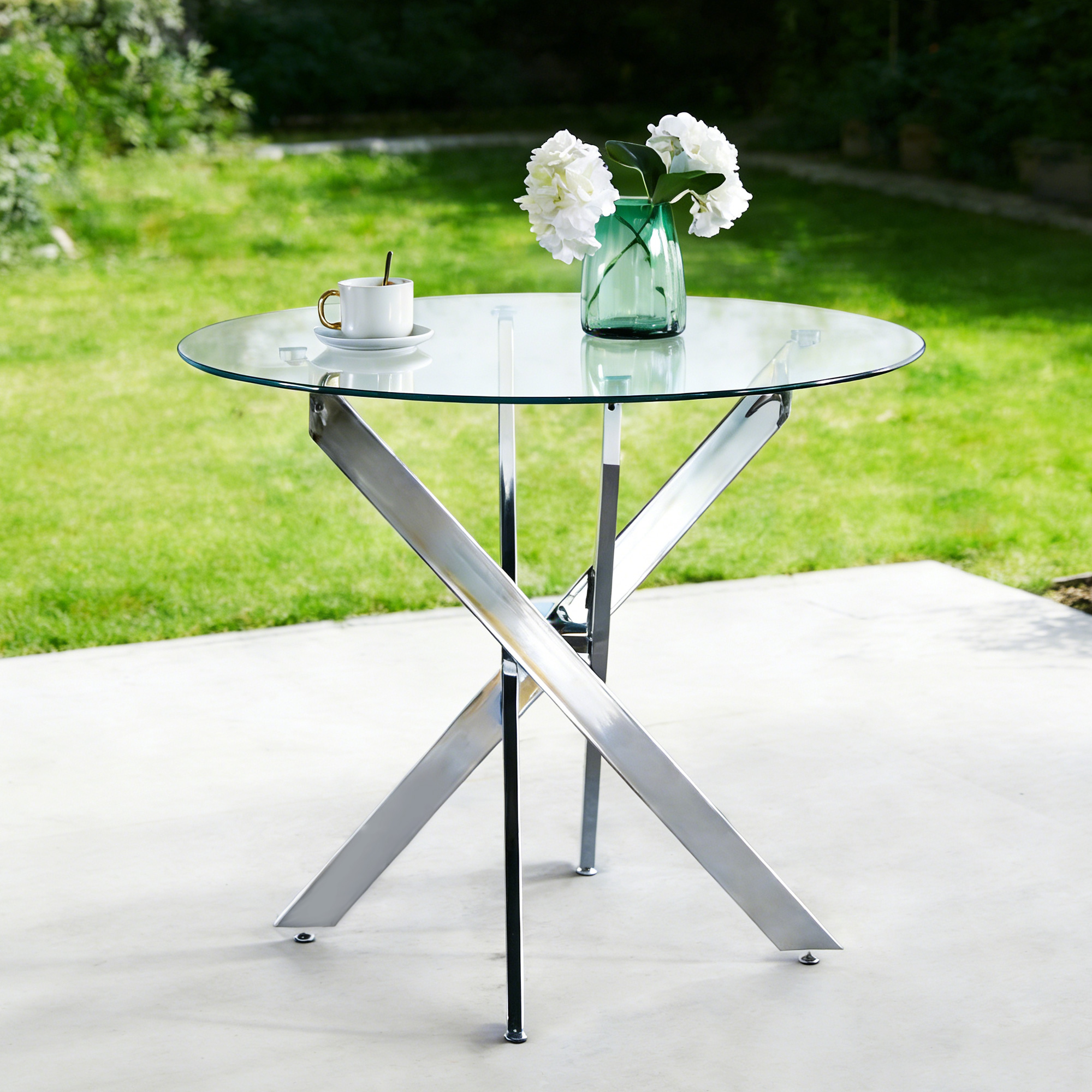 Dining Table With Cross Metal Leg And Tempered Glass,Modern Space Saving Kitchen Table For Living Room,chrome Legs