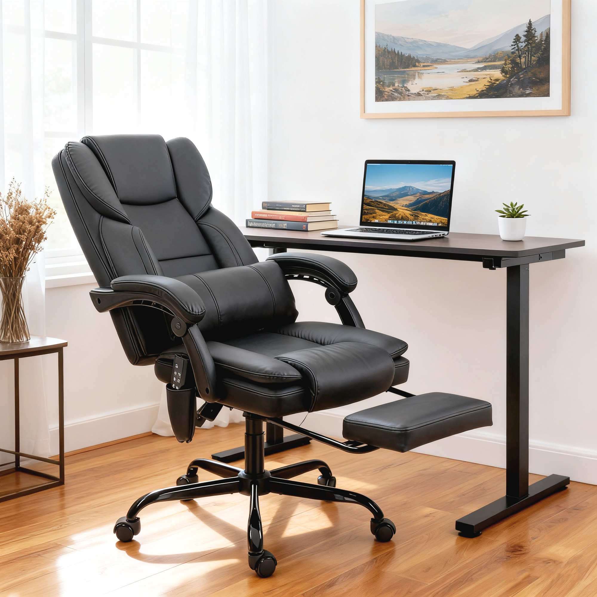 Silla de oficina reclinable con masaje, cuero sintético, soporte lumbar y reposapiés.