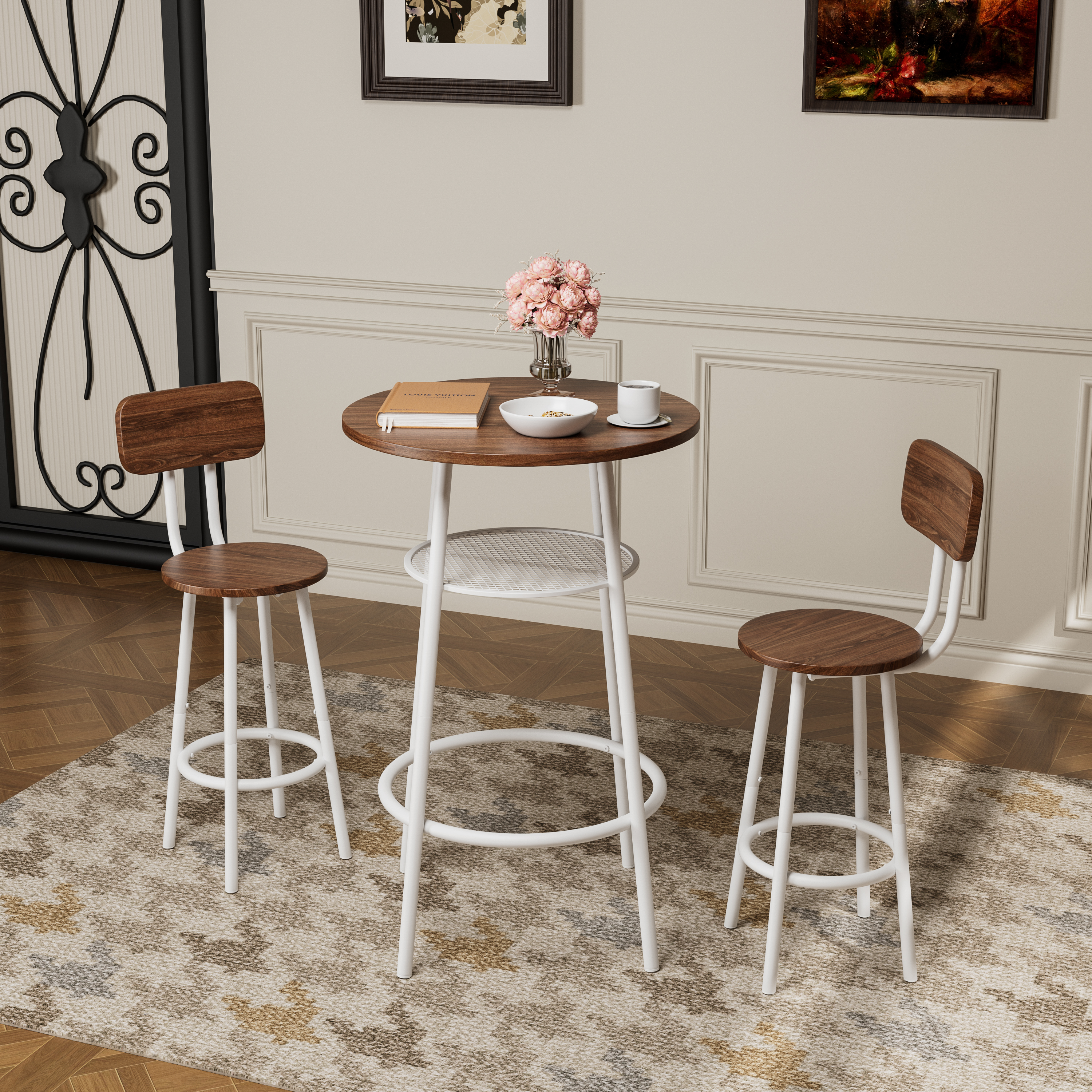 Juego de mesa de bar de 3 piezas con 2 taburetes, con respaldo y estante.