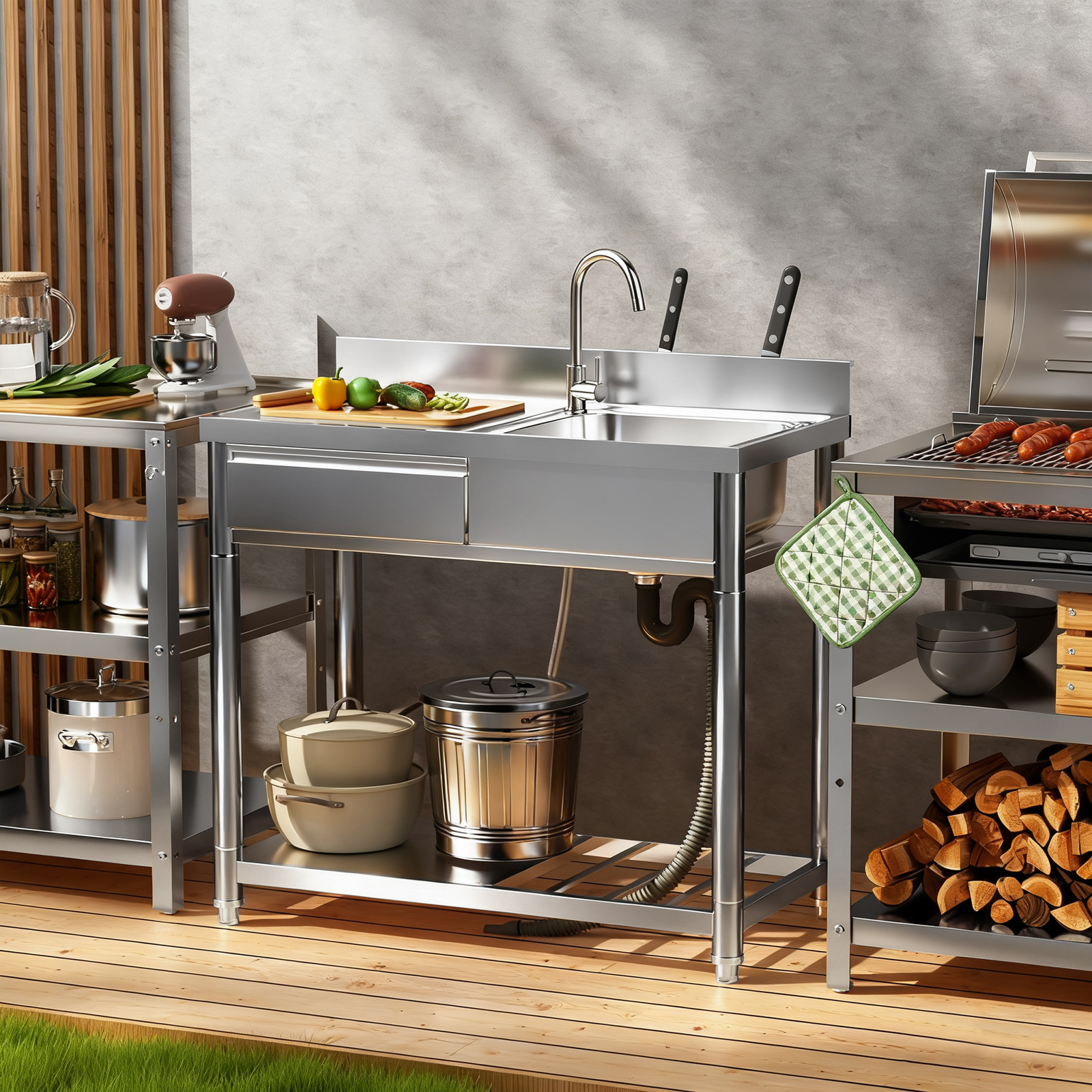 Fregadero de exterior de acero inoxidable 304 con mesa de trabajo y grifo 360°