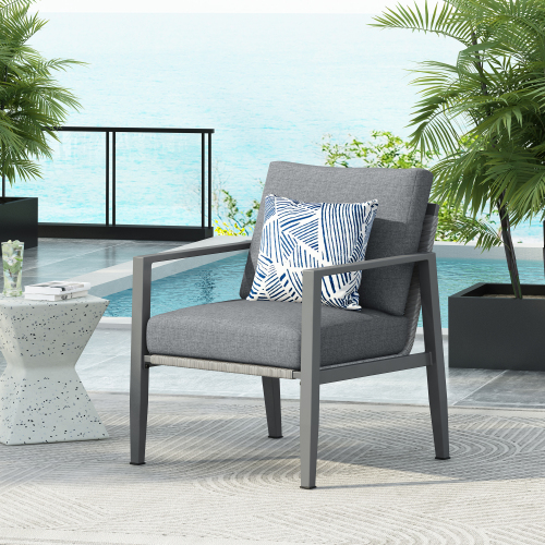 Gray Aluminum Lounge Chair With Sleek Rope Accents And Comfortable Cushions, Perfect For Modern Outdoor And Indoor Spaces
