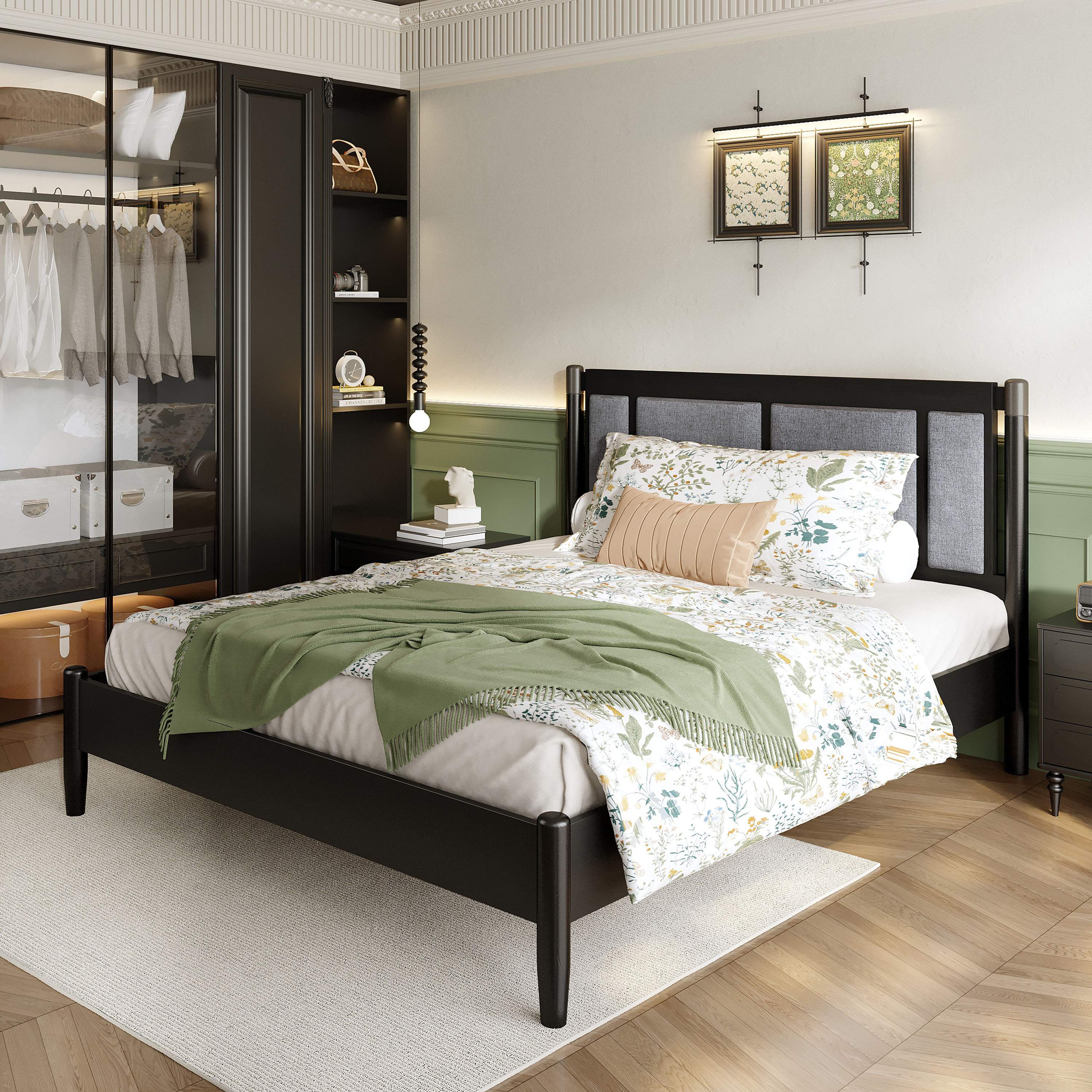 Cama tamaño Queen de madera maciza, soporte 500 libras, cabecero tapizado negro