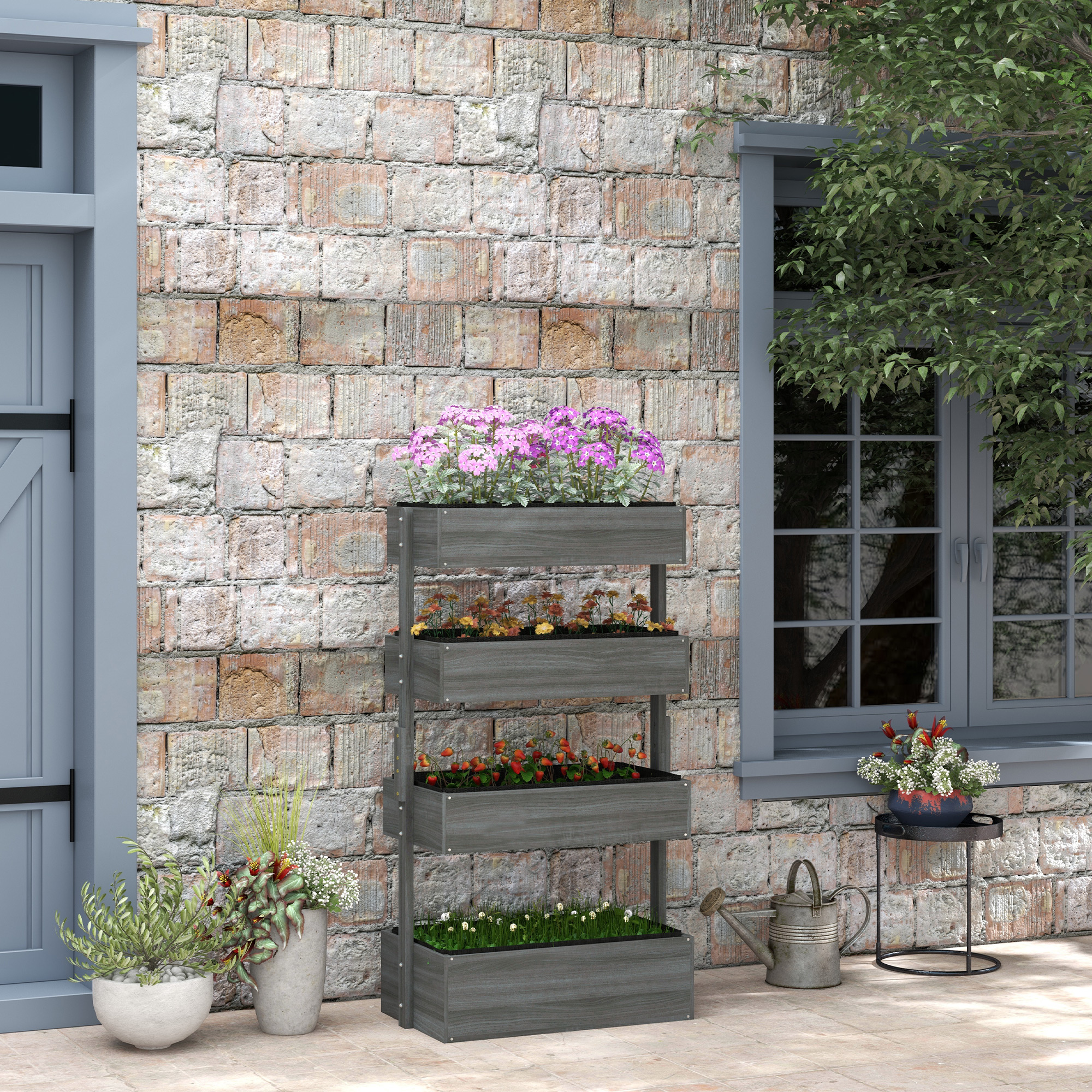 Jardinera vertical de madera para exterior, 4 niveles, autodrenante, gris