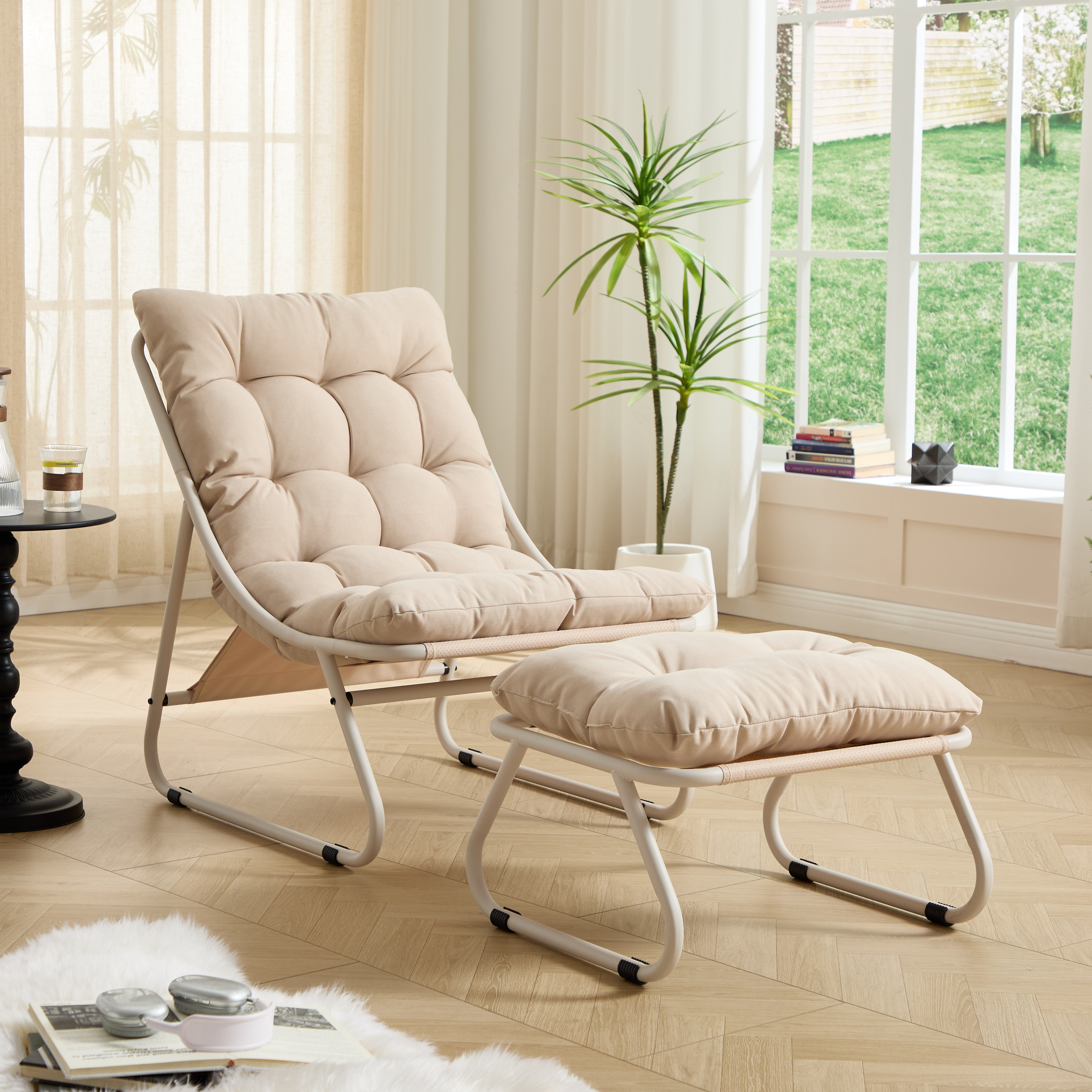 Sillón reclinable de exterior con otomana, cojín mullido, estructura y cojín beige