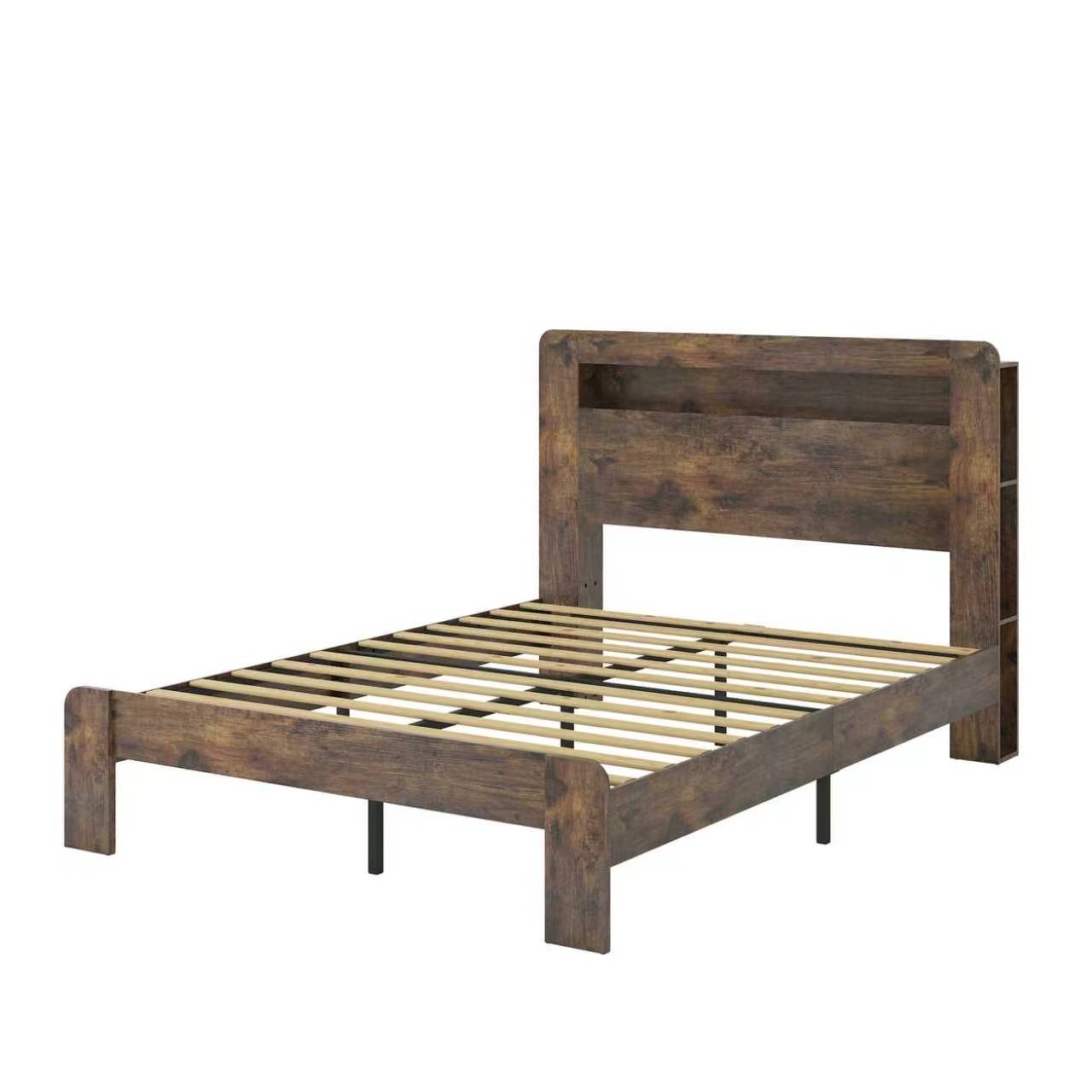 Full Wood Bed Frame With LED Headboard, 2 USB & Underbed Storage, Dark Brown