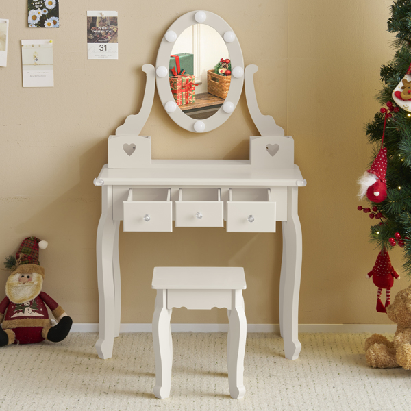 Kids Vanity Set With Mirror And Lights And Stool, 5 Storage Drawers, Pretend Play Princess Makeup Desk Dressing Table And Stool Set For Little Girls Age 3-, Macaroon White