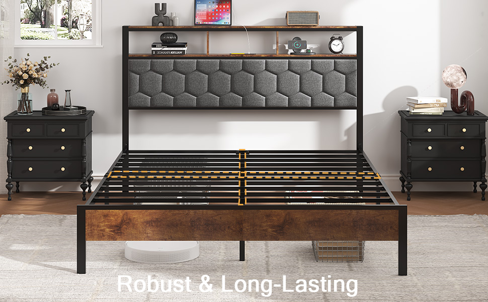 Full Wood Bed Frame With Upholstered Headboard, 2 USB & Underbed Storage, Brown