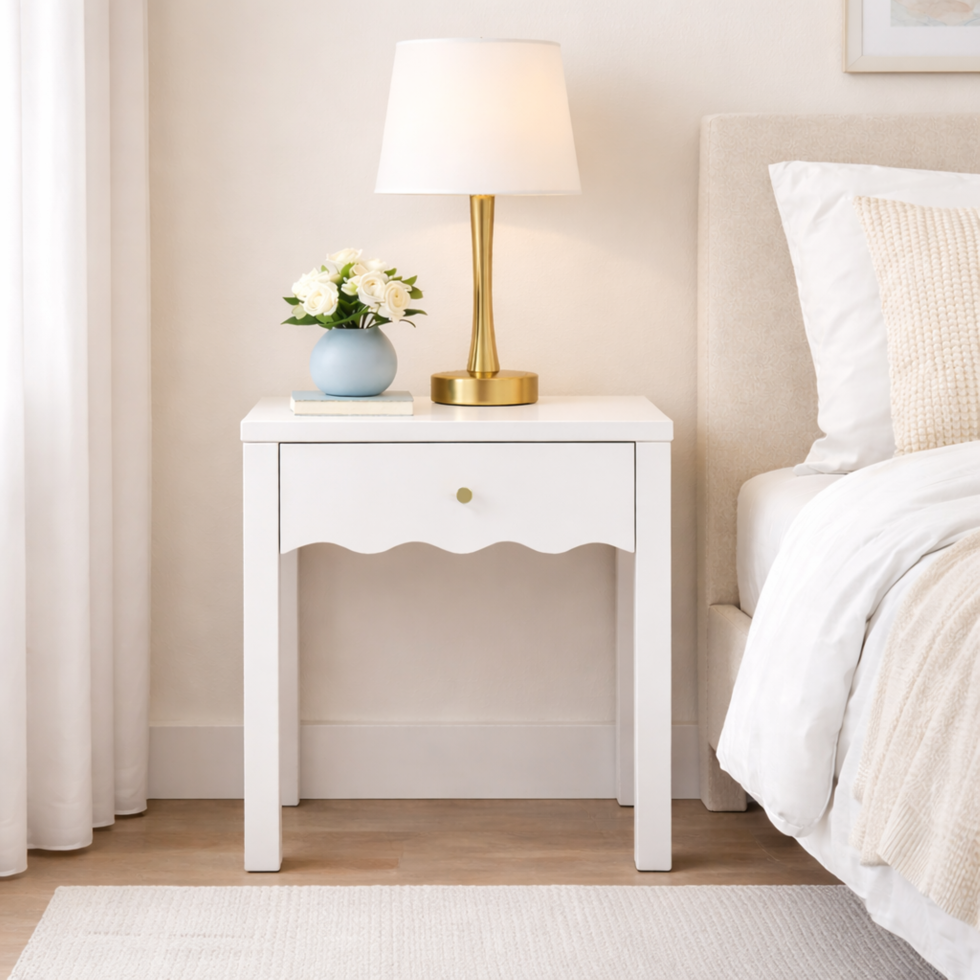 Mesa de noche blanca con cajón, diseño moderno, compacta, con almacenamiento