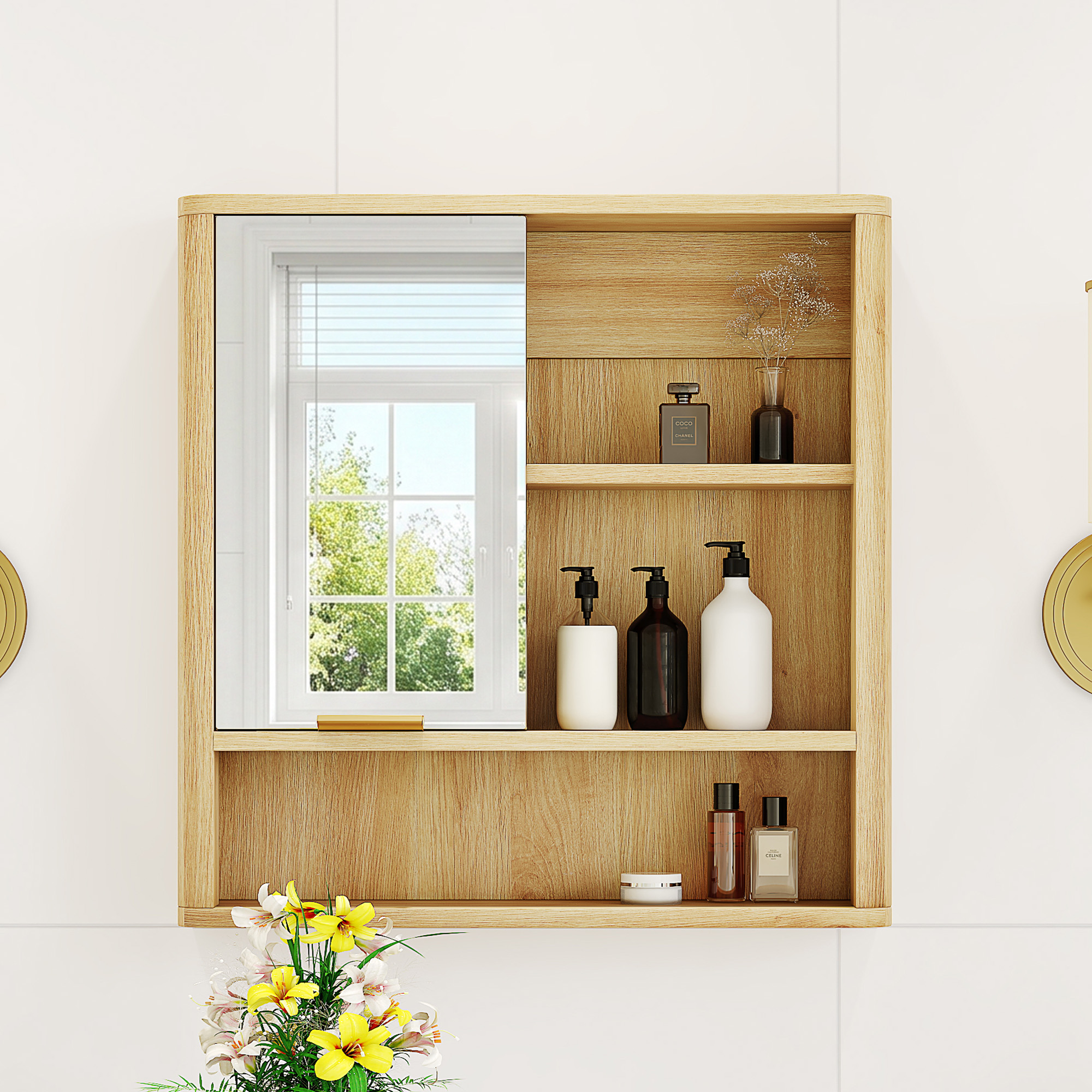 Gabinete de espejo para pared con acabado de madera natural, estantes y puerta