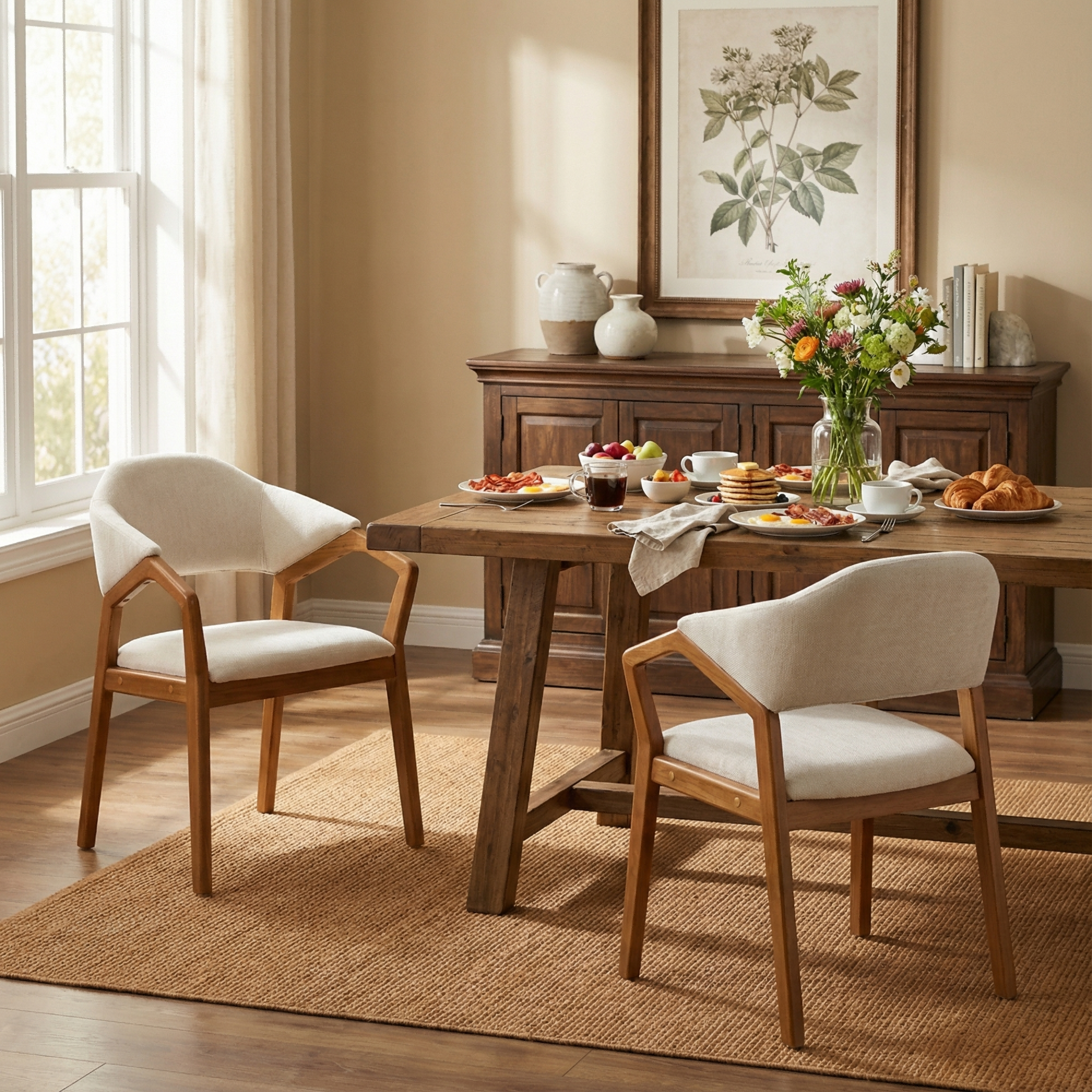 Indoor Dining Chair Set Of 2, Beige Chenille Upholstered Armchair With Sturdy Frame, 300lbs Capacity, Ergonomic Curved Backrest