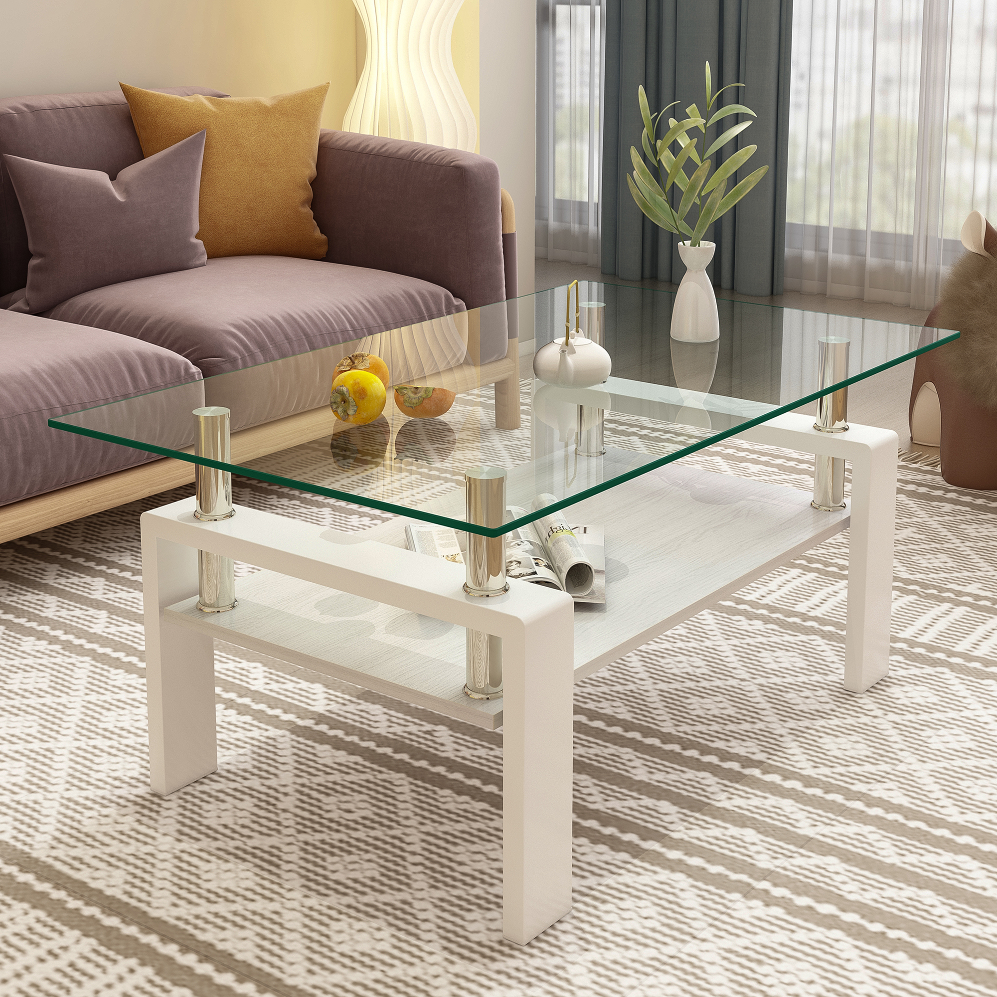 Mesa de centro rectangular moderna, tapa de vidrio templado y MDF, vidrio transparente