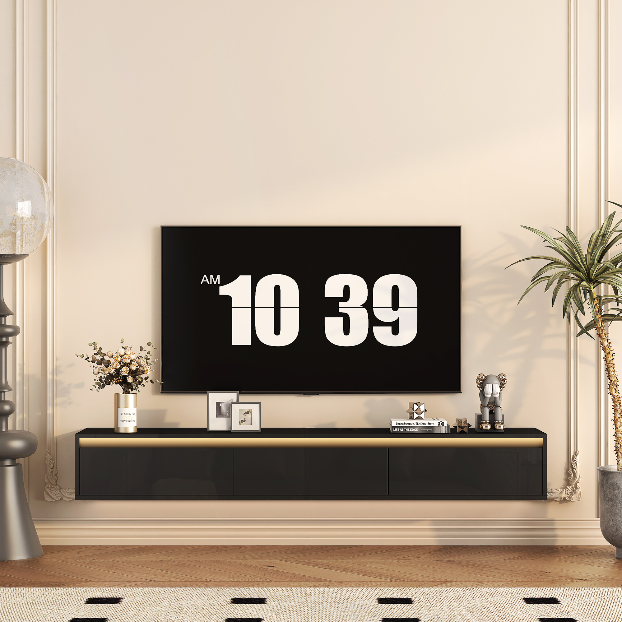 Floating TV Stand, Wall Mounted TV Shelf With Led Lights & Power OutletTV Cabinet For Black Tv Stands For Living Room