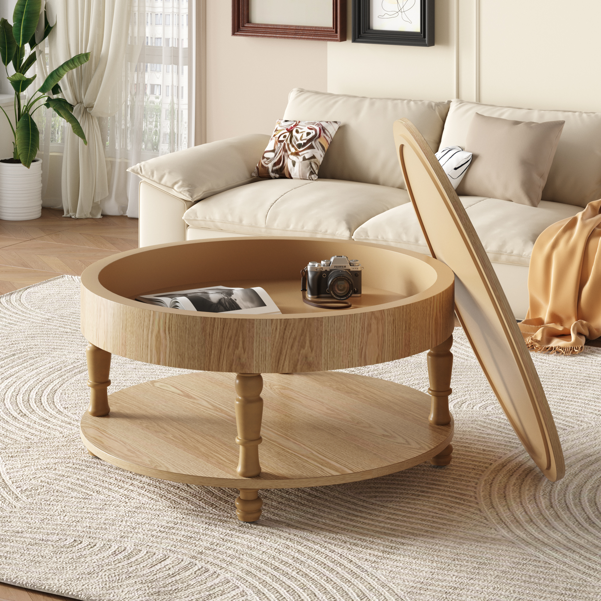 Coffee Table With Dual Storage For Living Room, 31.5 Modern Round Coffee Table With Storage And Hidden Compartment, Adjustable Leveling Feet, Easy Assembly  Natrual Wood