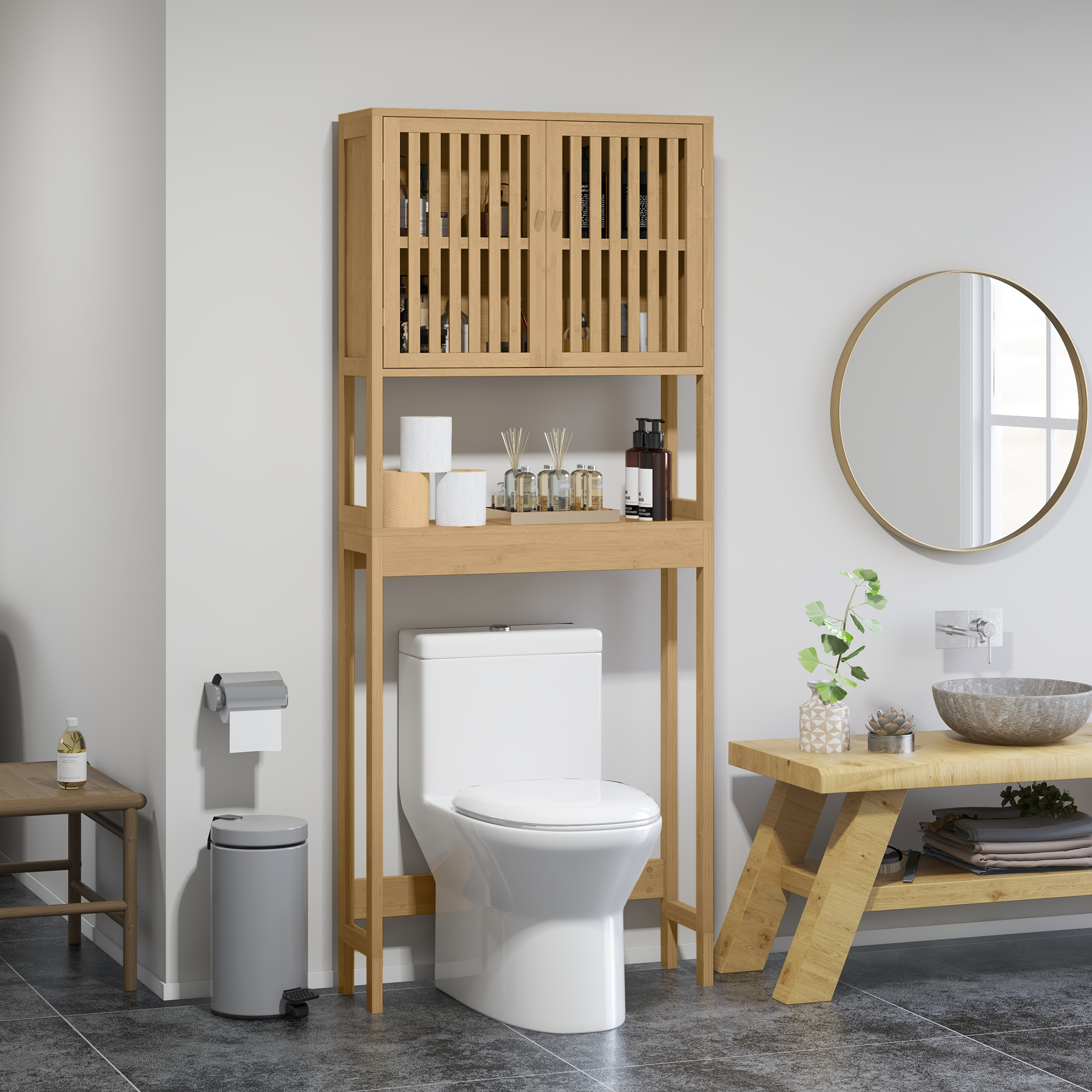 Gabinete de bambú sobre inodoro con puertas de persiana y estante ajustable, natural