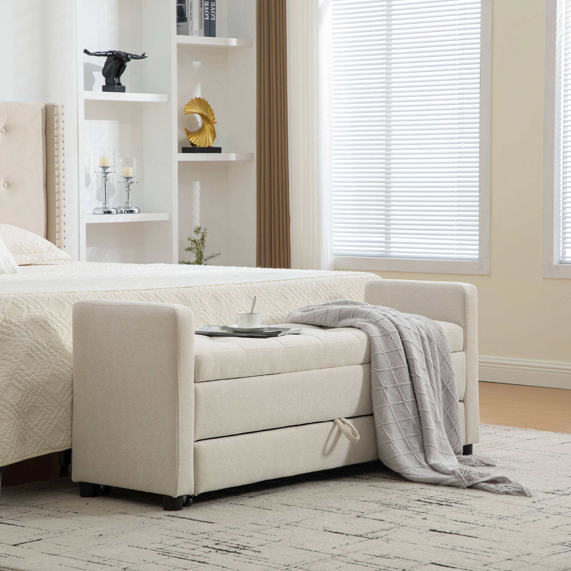 58.27  Wide Modern Upholstered Storage Bench With Double Storage Space, Napped Fabric Foot Stool With Rolled Armrest For Living Room,Entryway,Dormitory,Bedroom,Beige