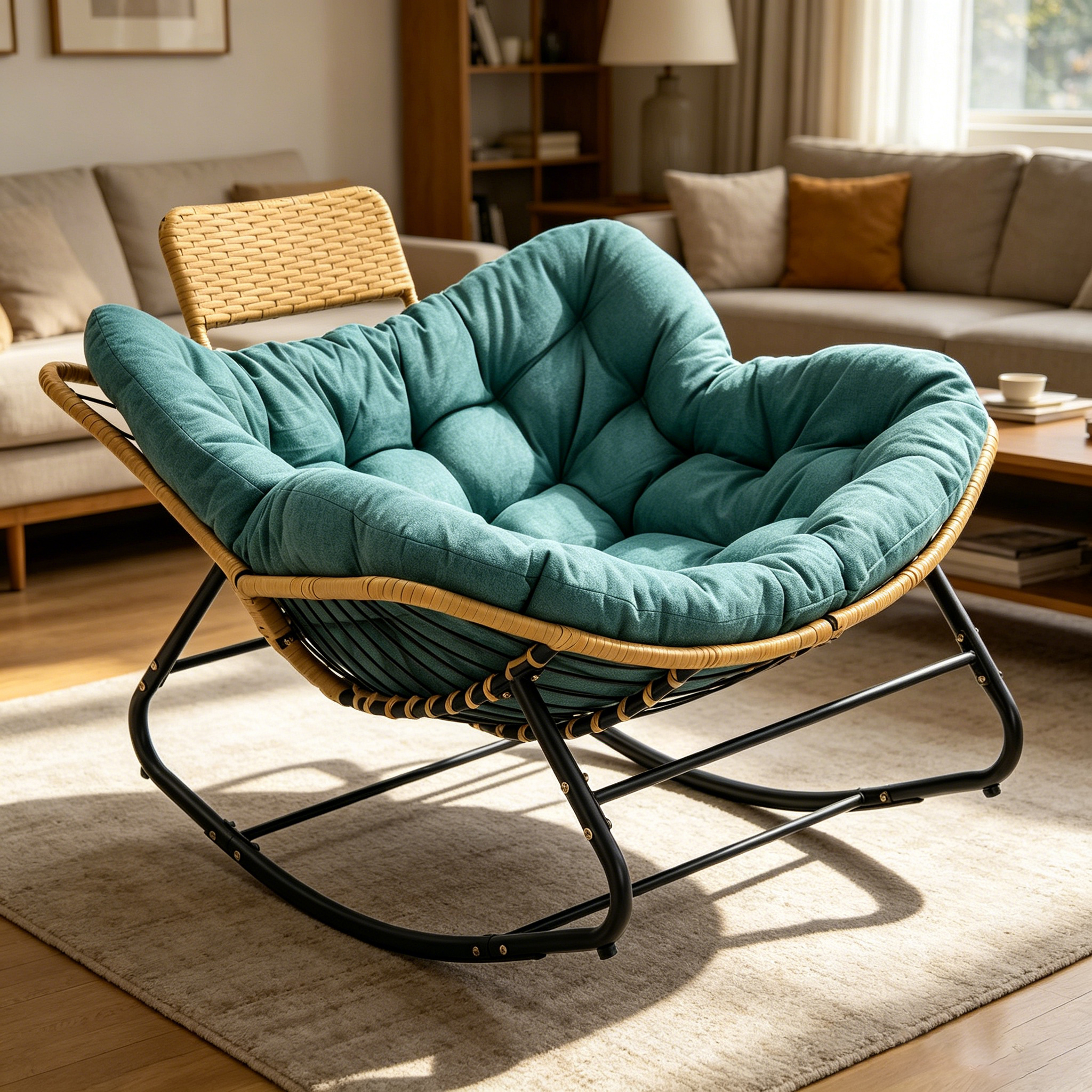 Silla mecedora Papasan de 39.37 pulgadas, para exterior, con cojín grueso, verde