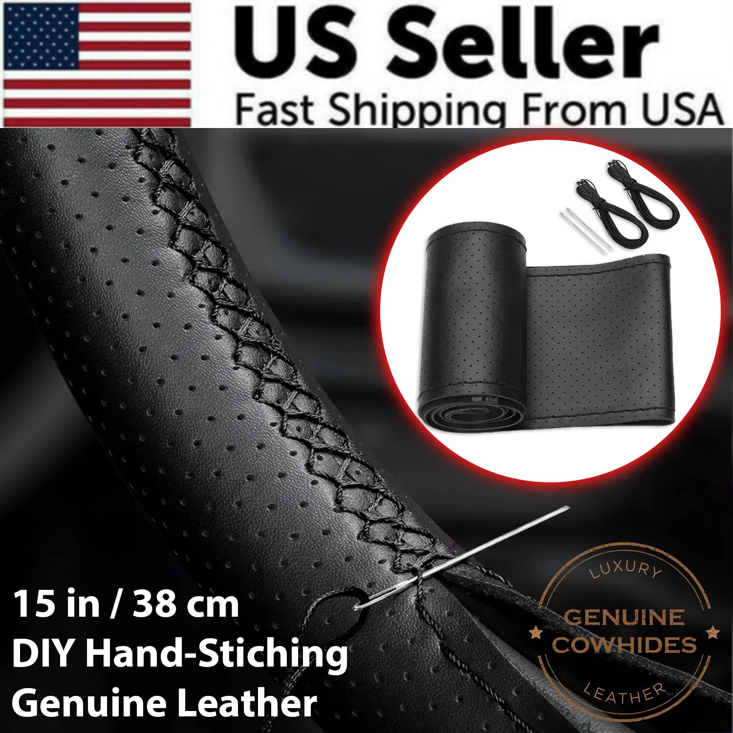 Genuine Leather DIY Car Steering Wheel Cover Anti-slip For Cm Black US