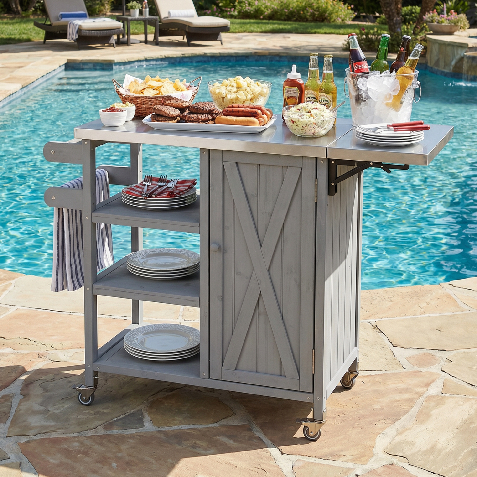 Foldable Outdoor Kitchen Island Patio Kitchen Island Outdoor Kitchen Cart Portable Prep Station With Lockable Wheels, Storage Cabinet And Towel Rack For Patio And Outdoor, Grey