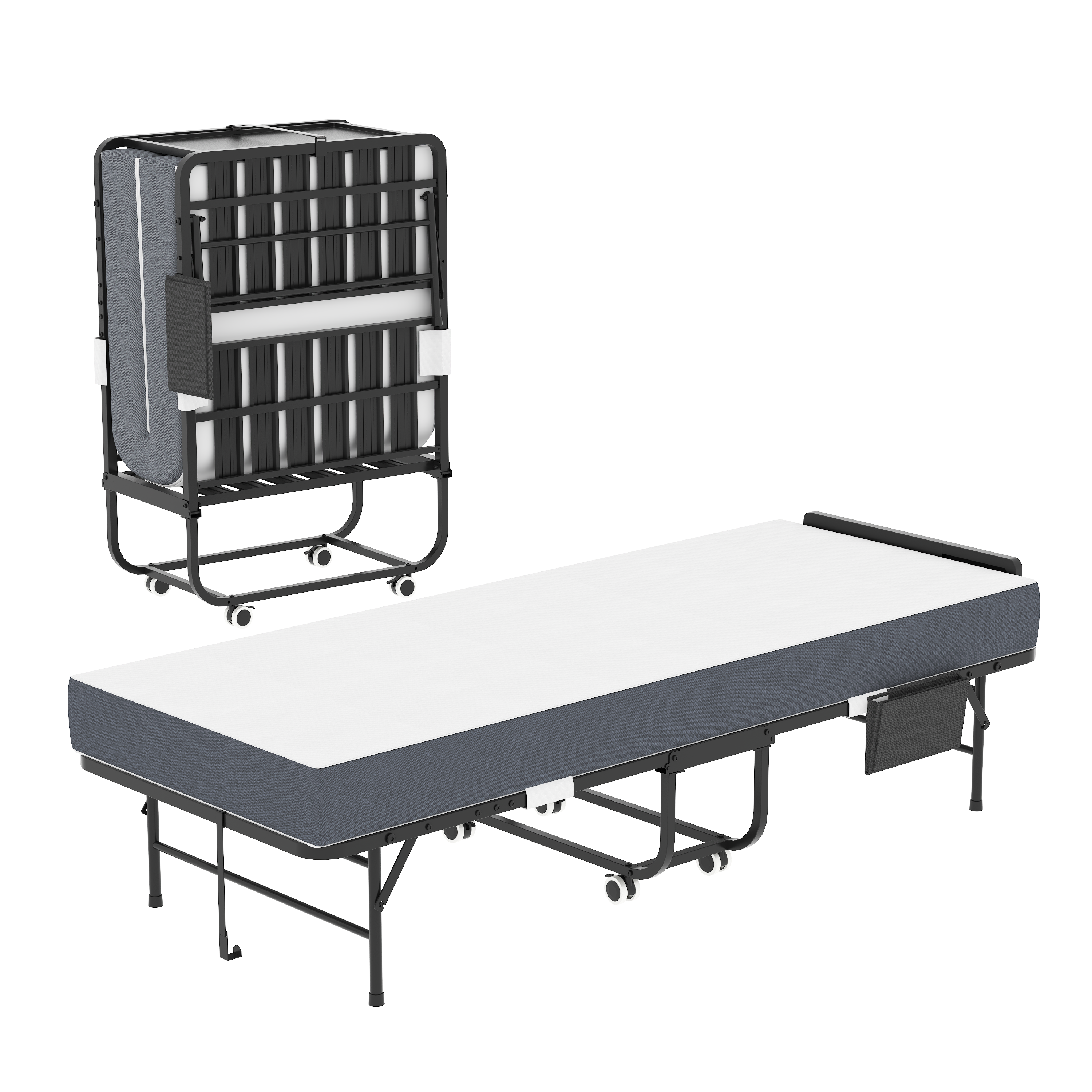 75 Folding Bed With Adjustable Headboard & 5 Memory Foam, Space Saving Rollaway Guest Bed For Tall People, Portable Twin Cot On Wheels, Easy Assembly